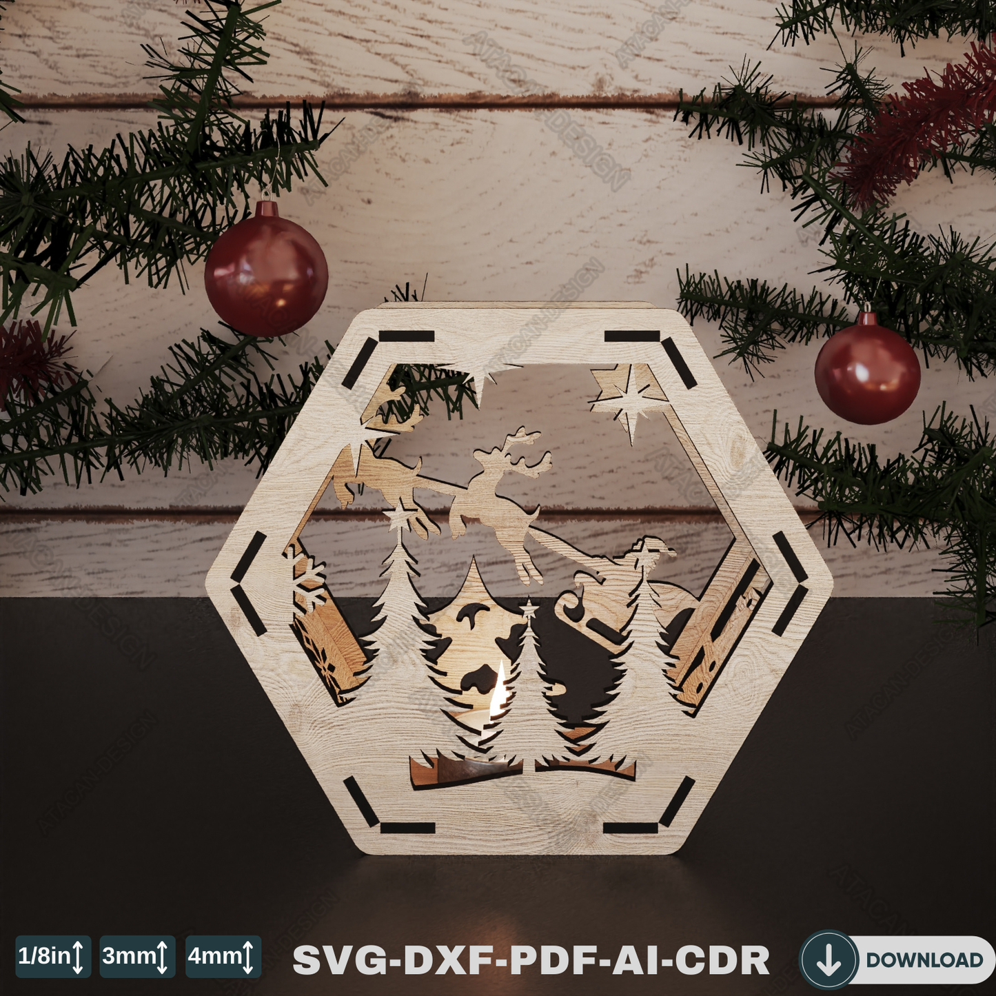 Elegant Winter Hexagon Lamp - Laser Cut Christmas Decoration and Christmas Candle Holder with Snowy Scene 769