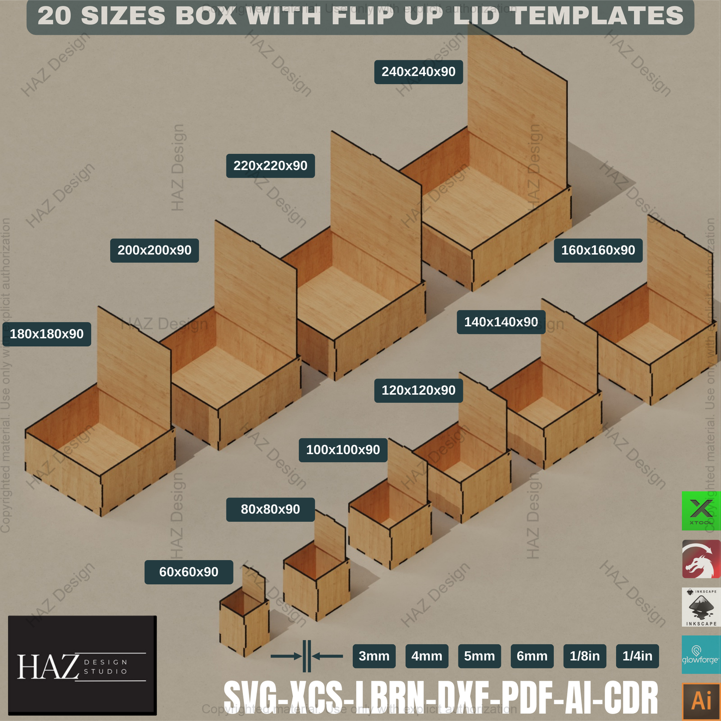 Laser Cut Flip Lid Box: 20 Sizes, 6 Thicknesses!,Laser Cut Box Set: Multiple Sizes, Flip Lid Design 414
