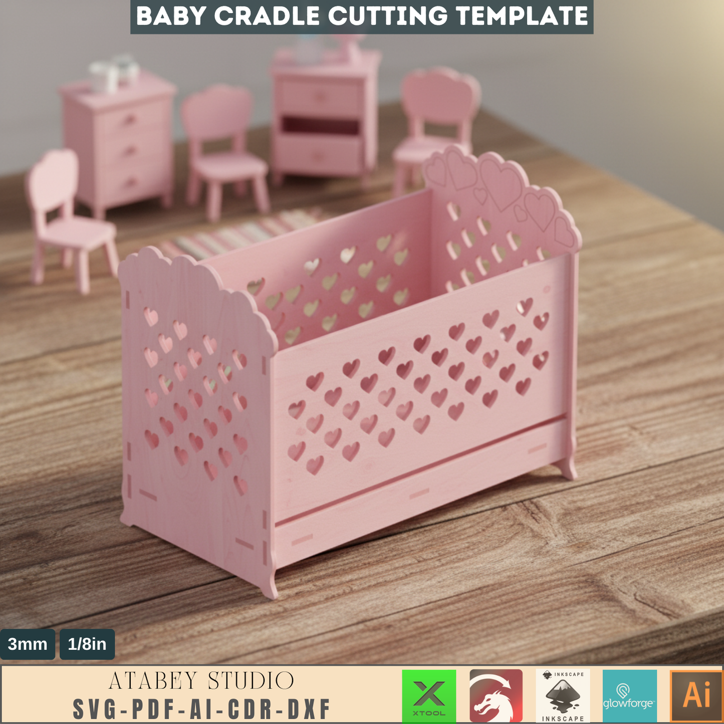DIY Nursery Furniture Plans - Charming Wooden Cradle Design - Heart Pattern, Easy Laser Cut Files 602
