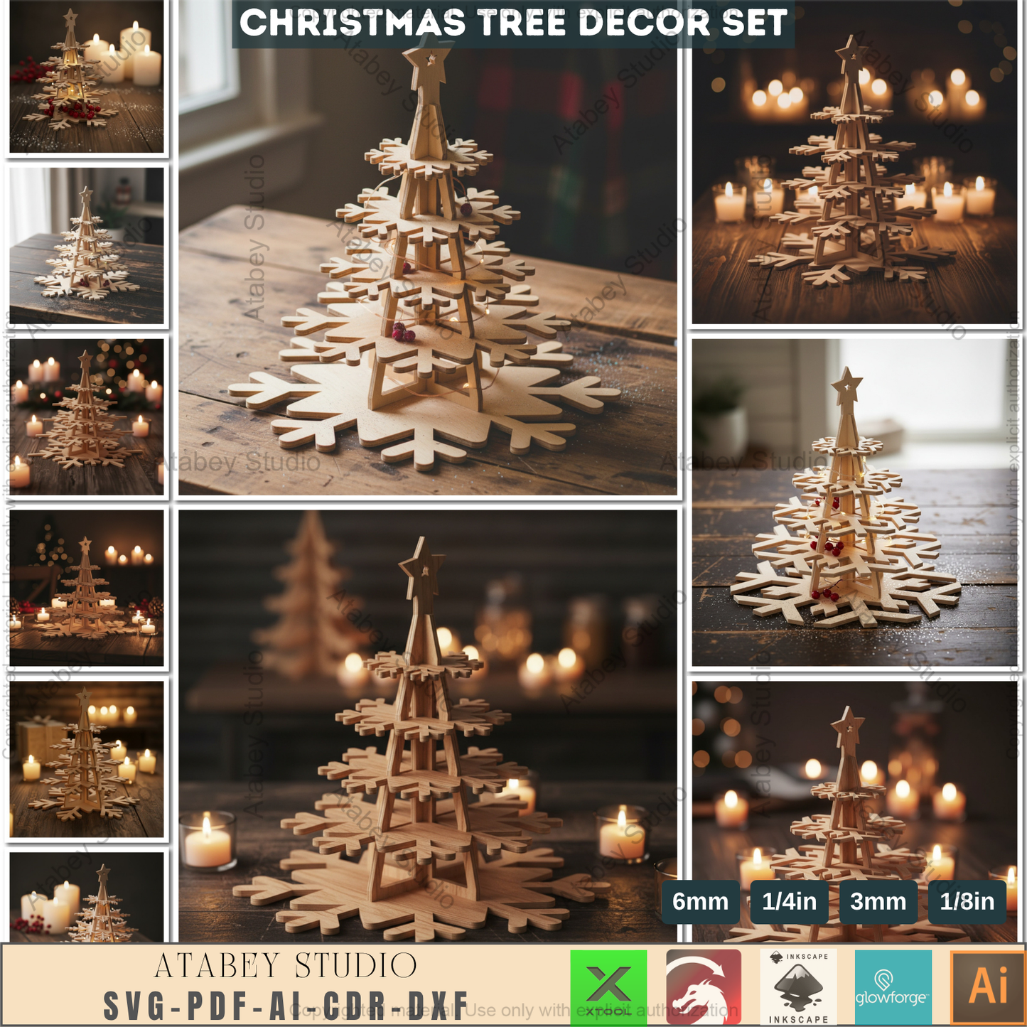 3D Christmas Snowflake Tree Decor Template for Laser Cutting | Standing Holiday Ornament Design for Glowforge, xTool, Lightburn Machines 965