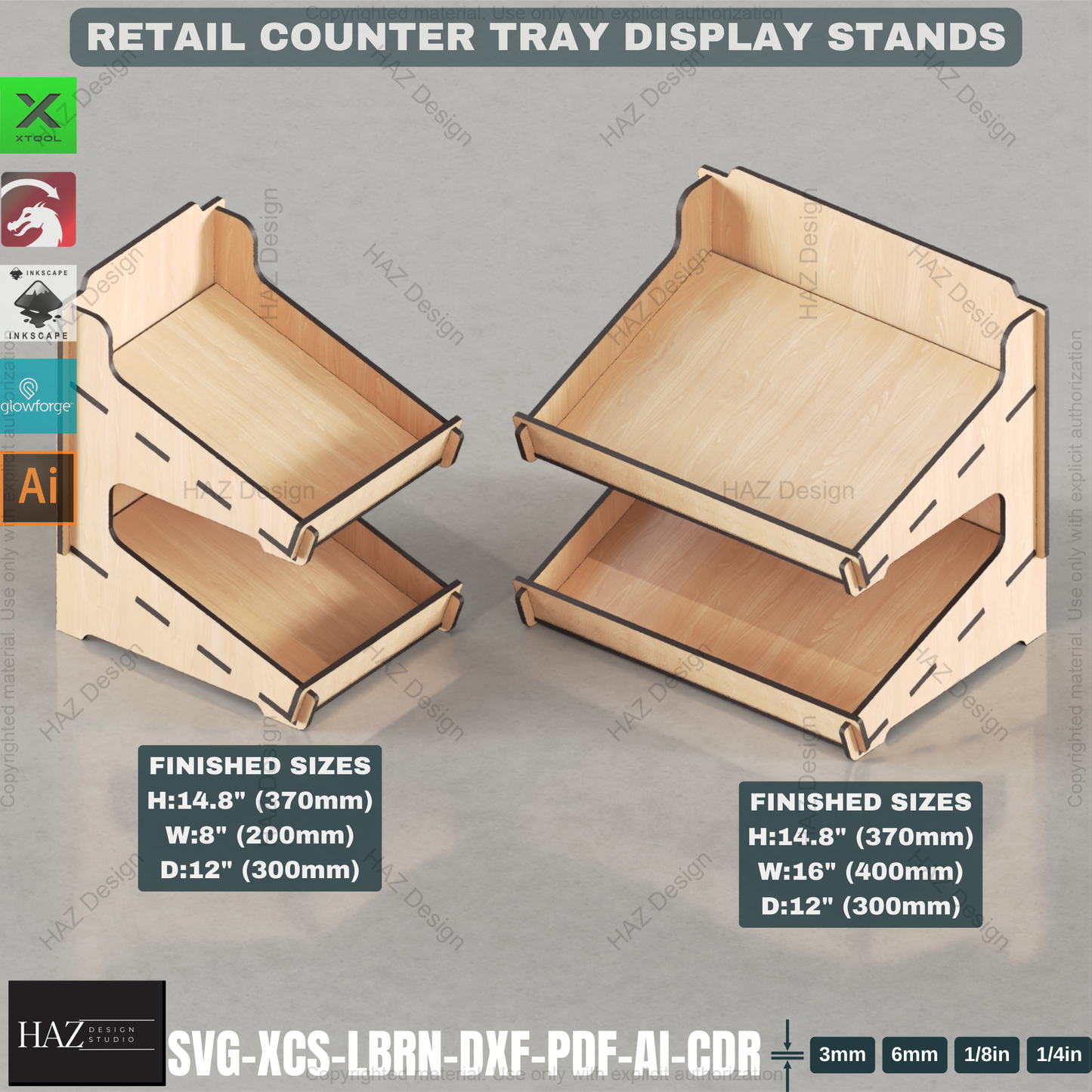 Laser Cut Curved Back Counter Tray Set | Multi-Size Tiered Display Stands | Retail & Market Files 441