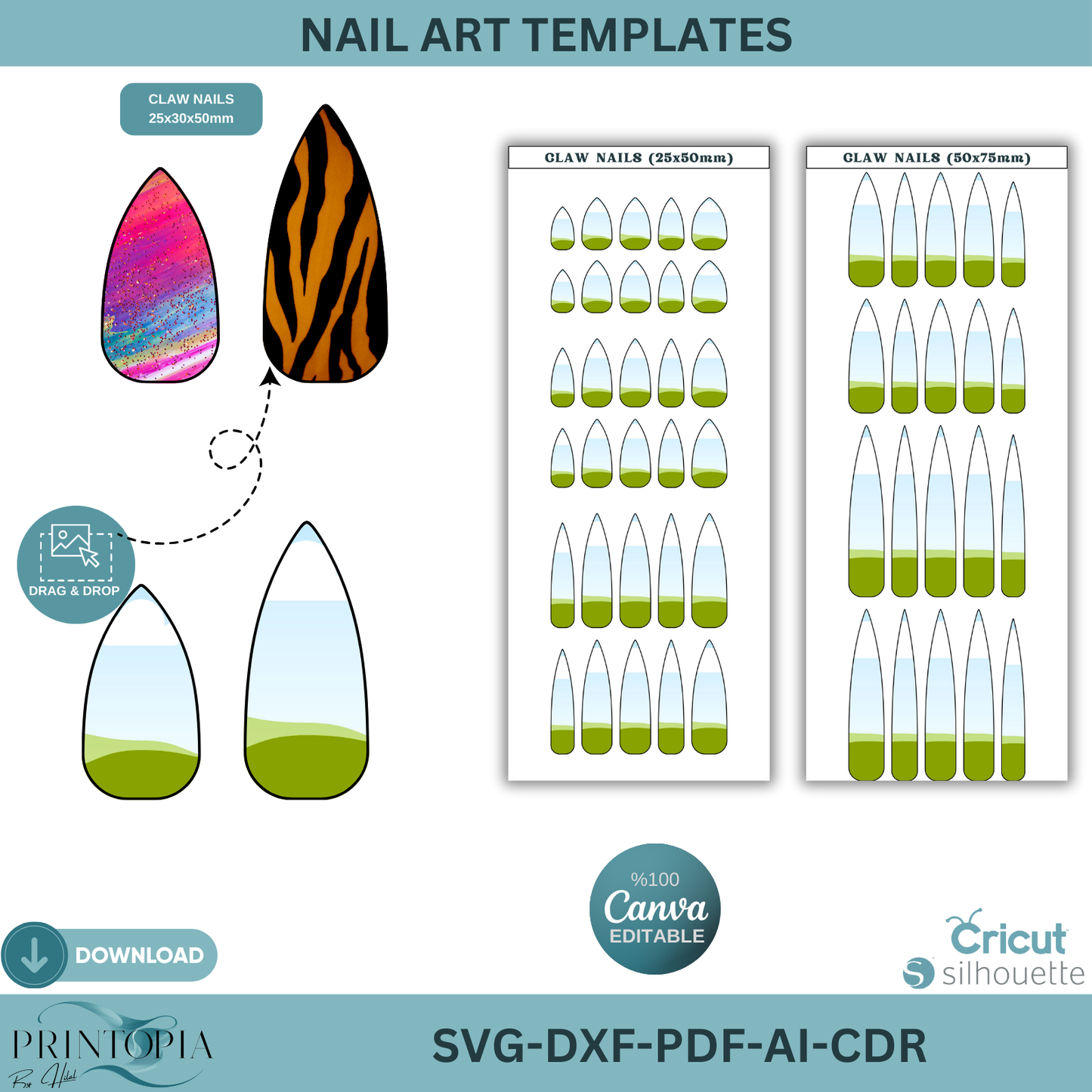 Nail Sizing & Design Template Bundle for Press On Nails, Editable Canva & SVG Decal Kit, Nail Tech Business Tool, All Shapes