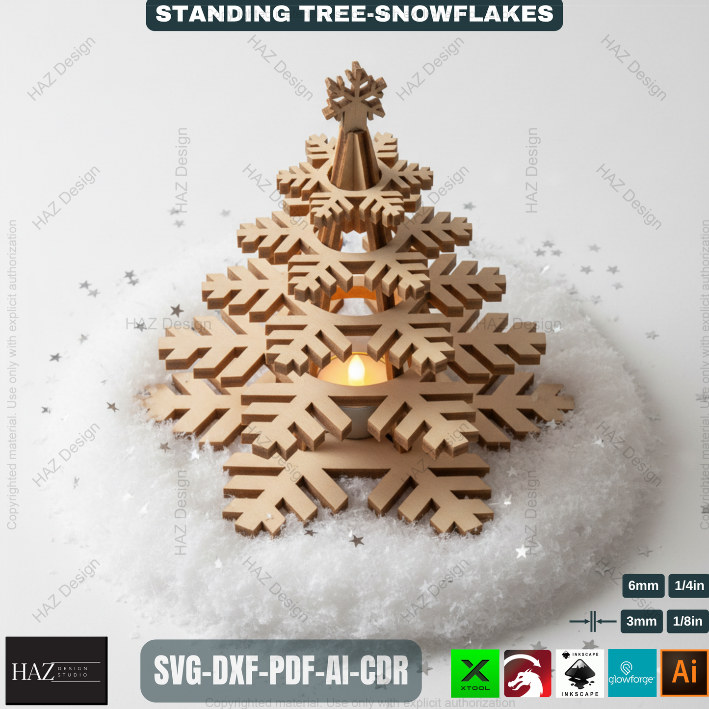 Wooden Snowflake Christmas Tree Light Decor Template Set Laser Cut Files for Holiday Table Centerpiece and Gift Craft 490