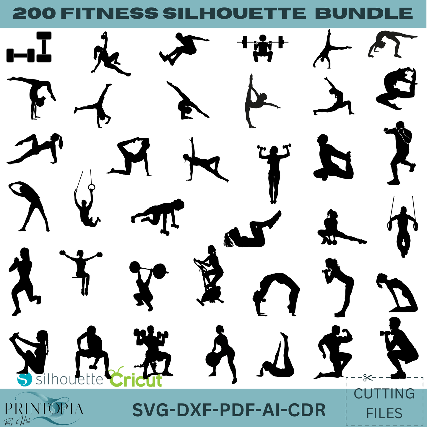 Gym & Workout Silhouette Bundle - 200 Editable svg, DXF, pdf AI, cdr Files for DIY Projects 178