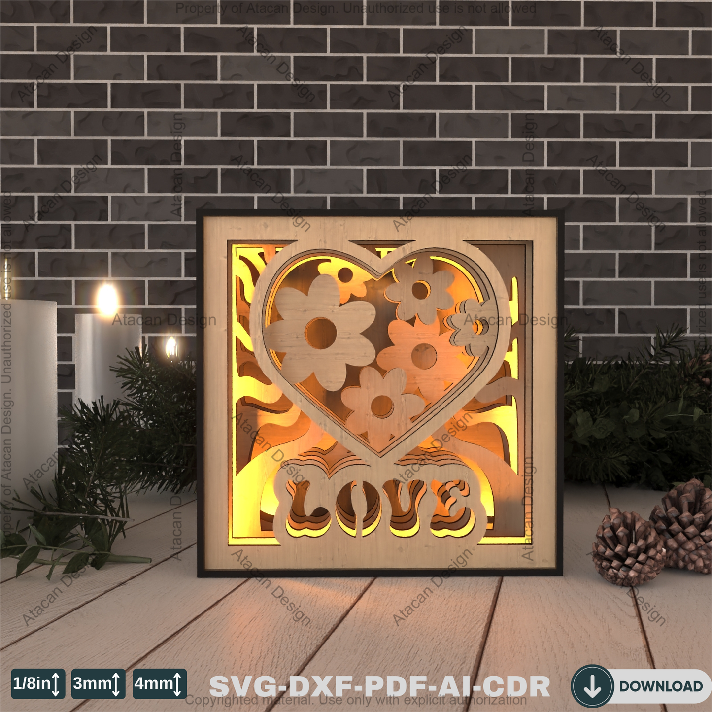 Romantic Heart Floral Shadow Light Box – Layered 3D Laser Cut Design 790