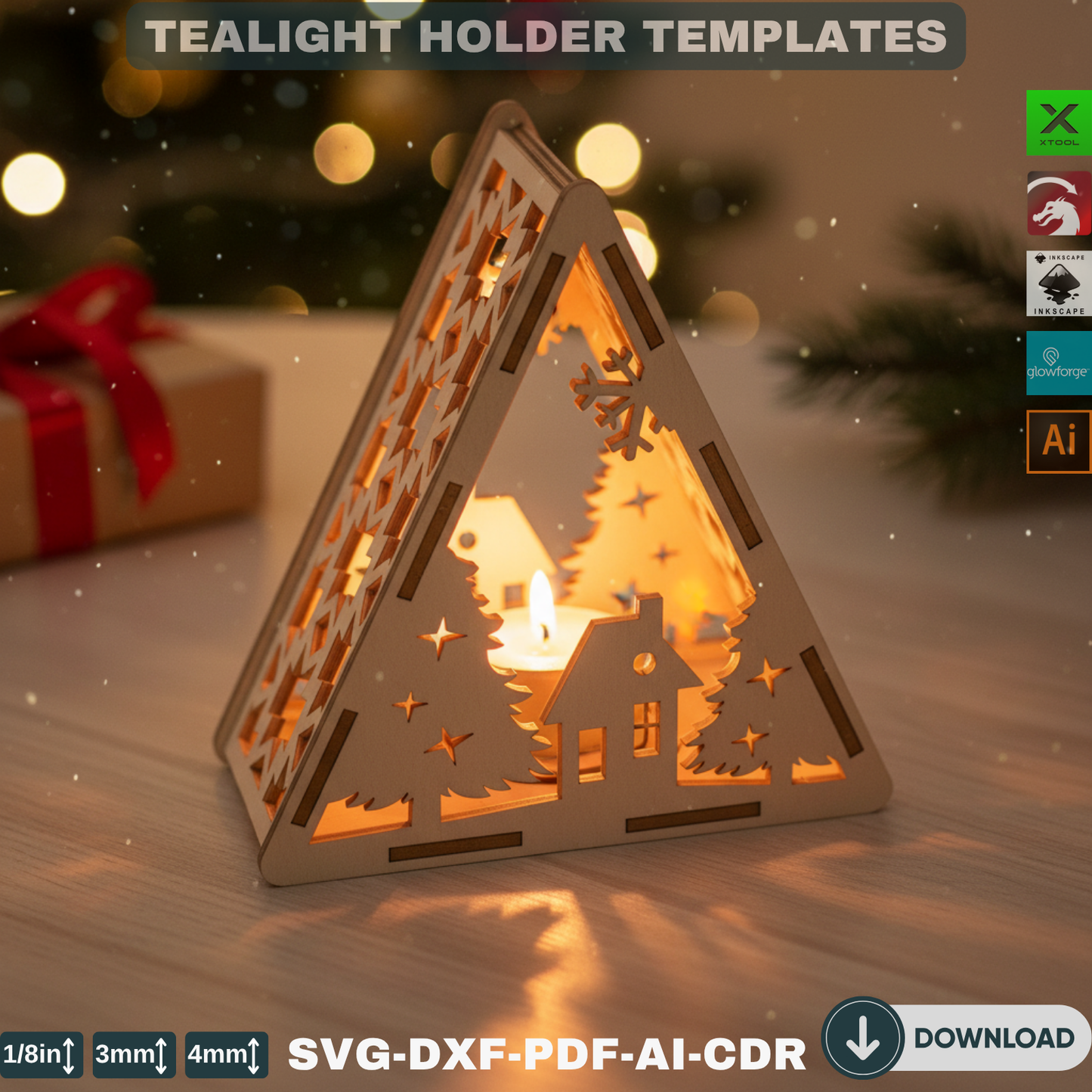 Christmas Pyramid Candle Holders - Tealight Laser Cut Lamp Designs for Night Light Decoration 778
