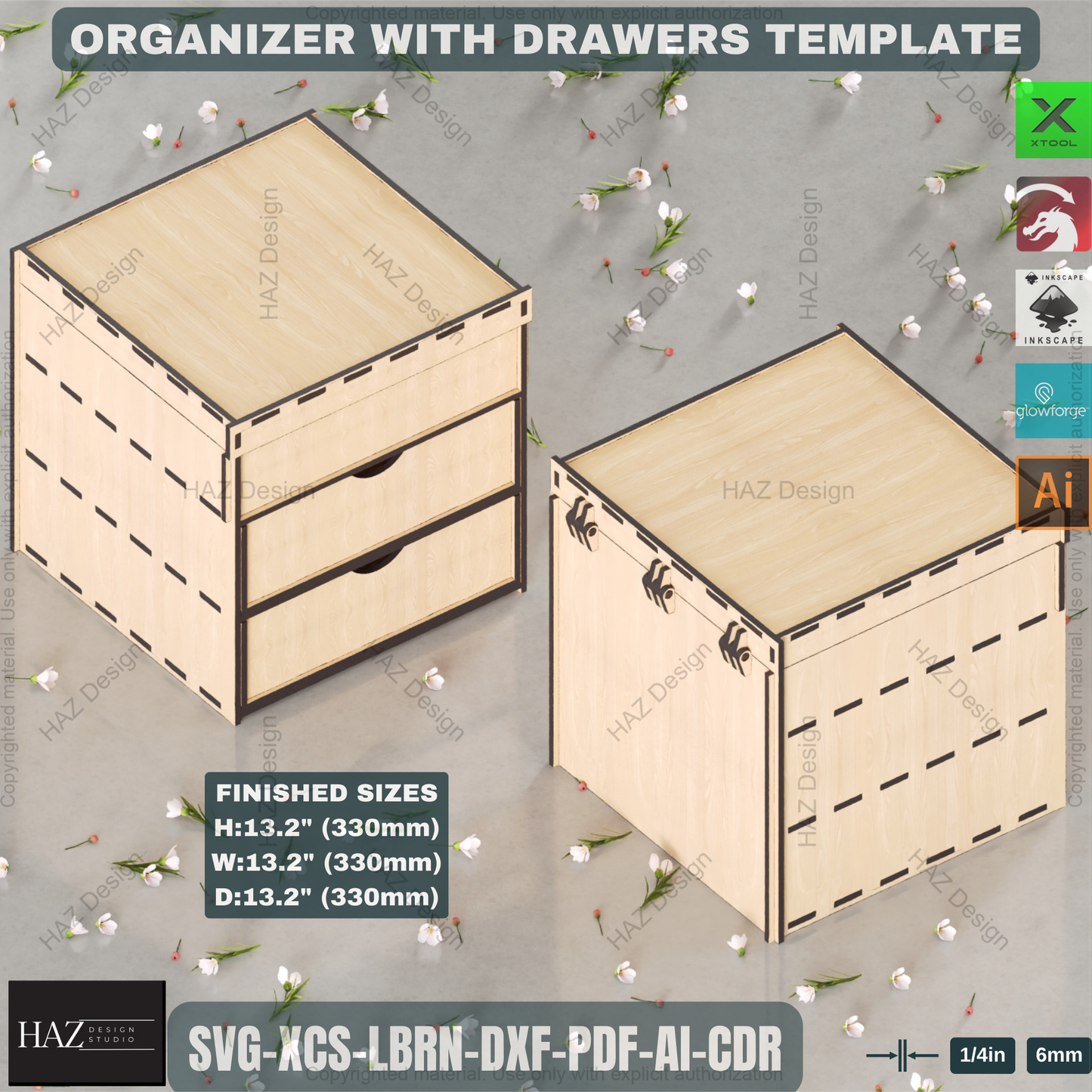 Laser Cut Organizer Box Plan with Drawers. Wooden Jewelry or Desk Storage Design 444