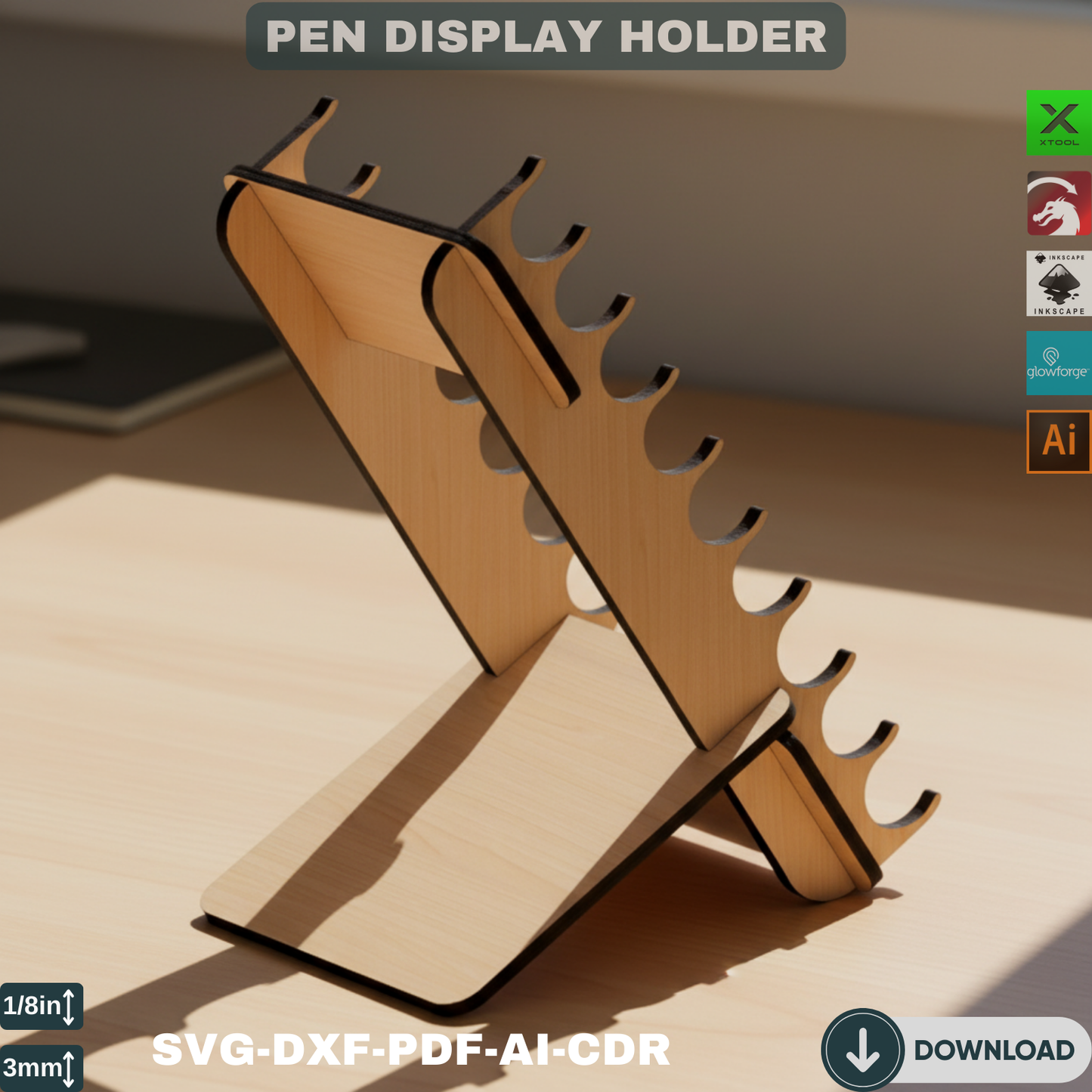 Laser Cut Pen Holder SVG, Wooden Pencil Stand, Desk Organizer for Pens, Digital Files for Glowforge XTool