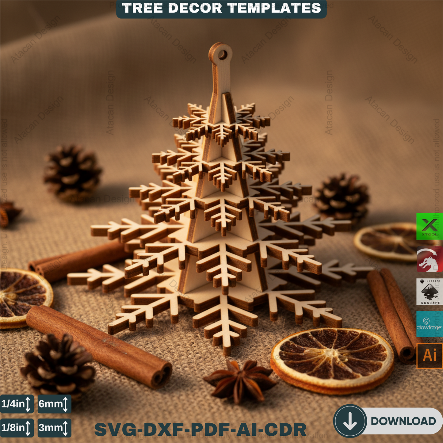 3D Christmas Tree Laser Cut File, Rustic Snowflake Holiday Decor, DIY Winter Tabletop Centerpiece for Glowforge & xTool 908