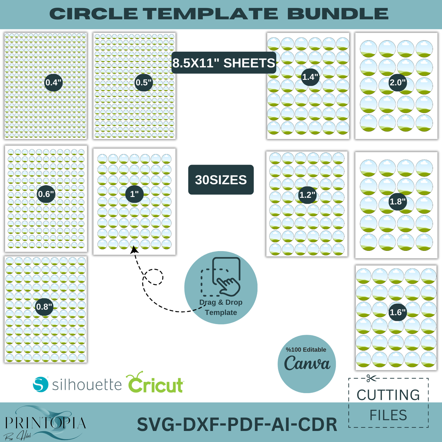 Circle Template Bundle with 30 Sizes, 8.5x11 & 12x12 Sheets, Drag Drop Editable Design Files 174
