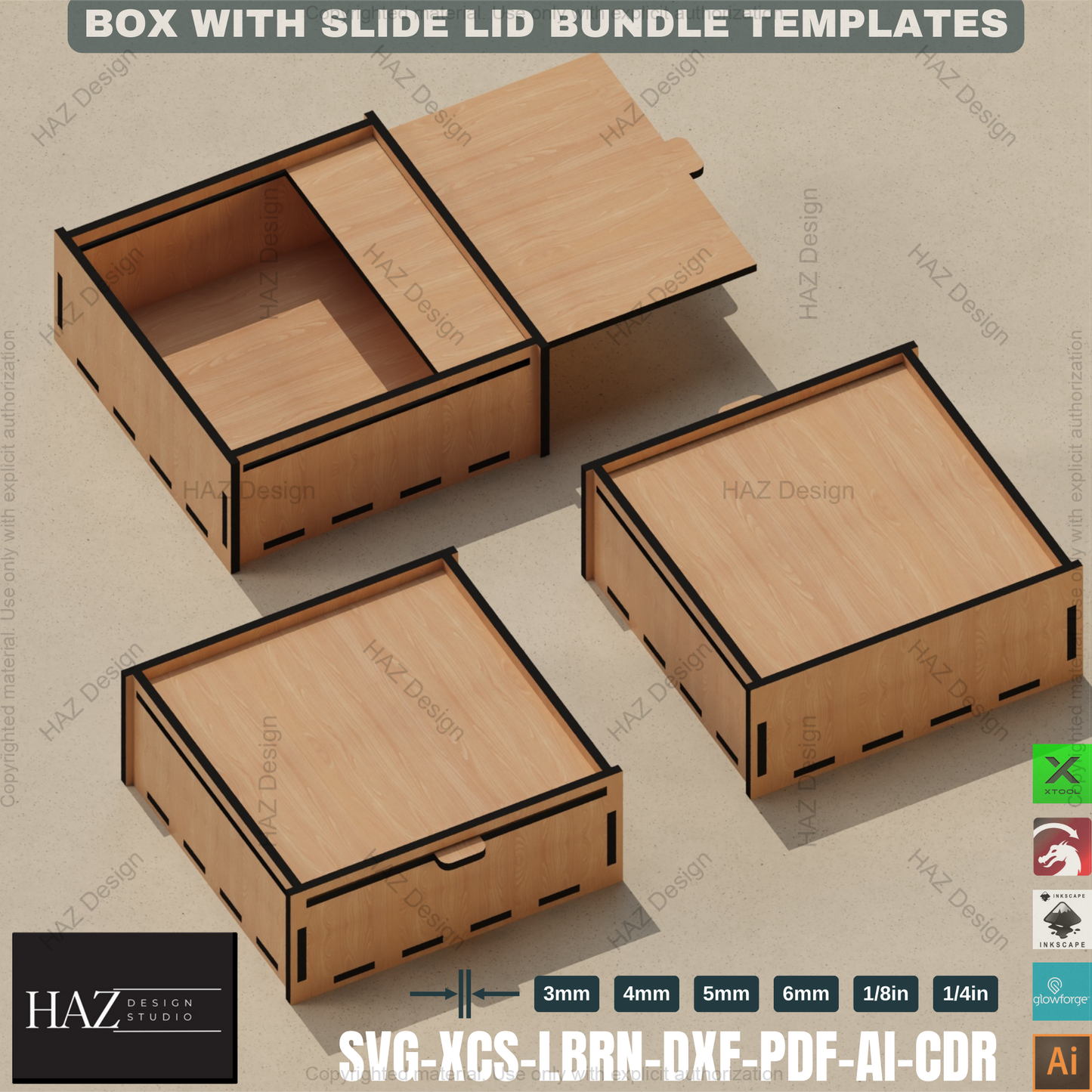 18 Size Slide Lid Box: Laser Templates,Laser Cut Box Set: Multiple Sizes, Slide Lid 415