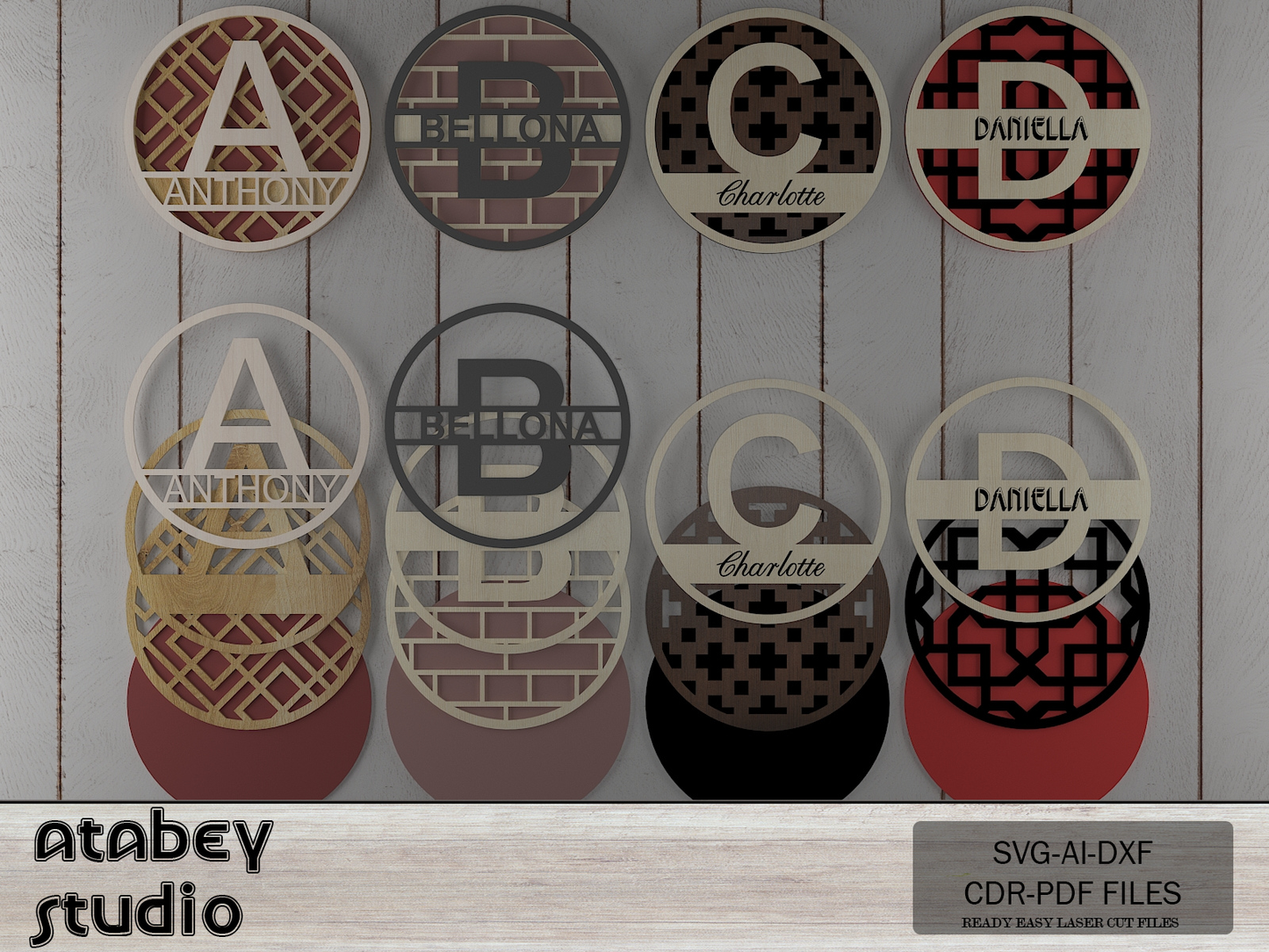 Personalized Monogram Split Letters - Custom Round Frame Name Signs with Intricate Patterns 719