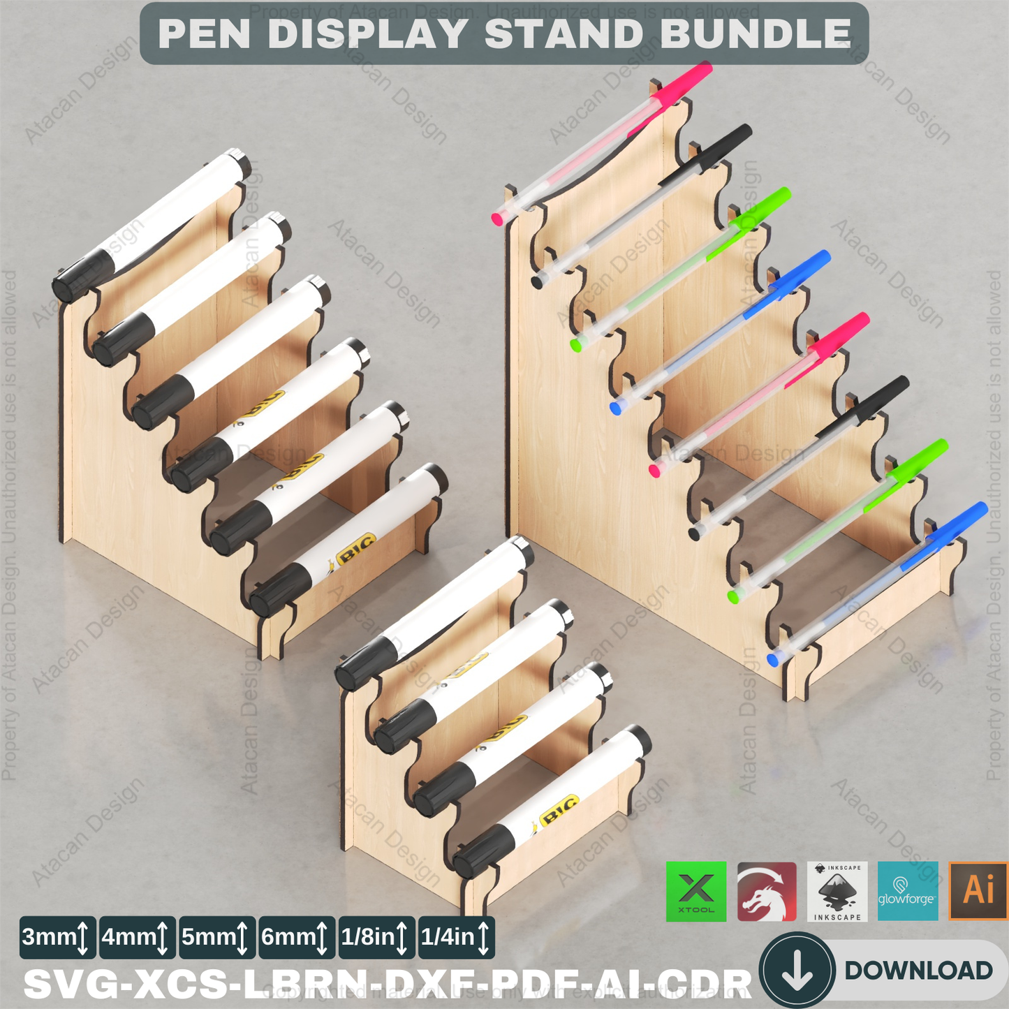 Tiered Pen Display Laser Cut Files | Professional Showcase Stands | Desk Organizer Bundle | Multi-Size 447