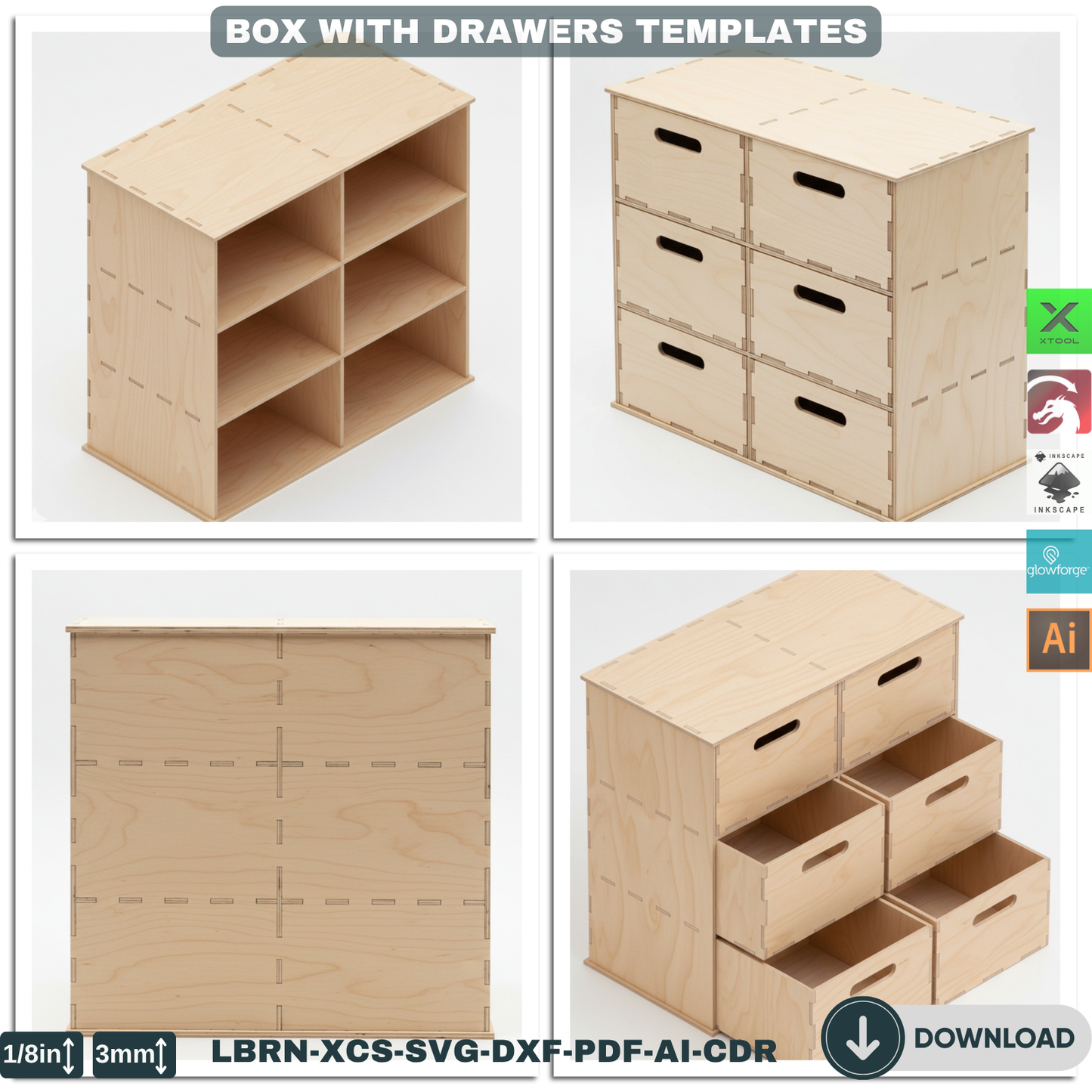 Customizable Laser Cut Drawer Box Template, Modular Wooden Organizer SVG Files for Glowforge & Xtool 905