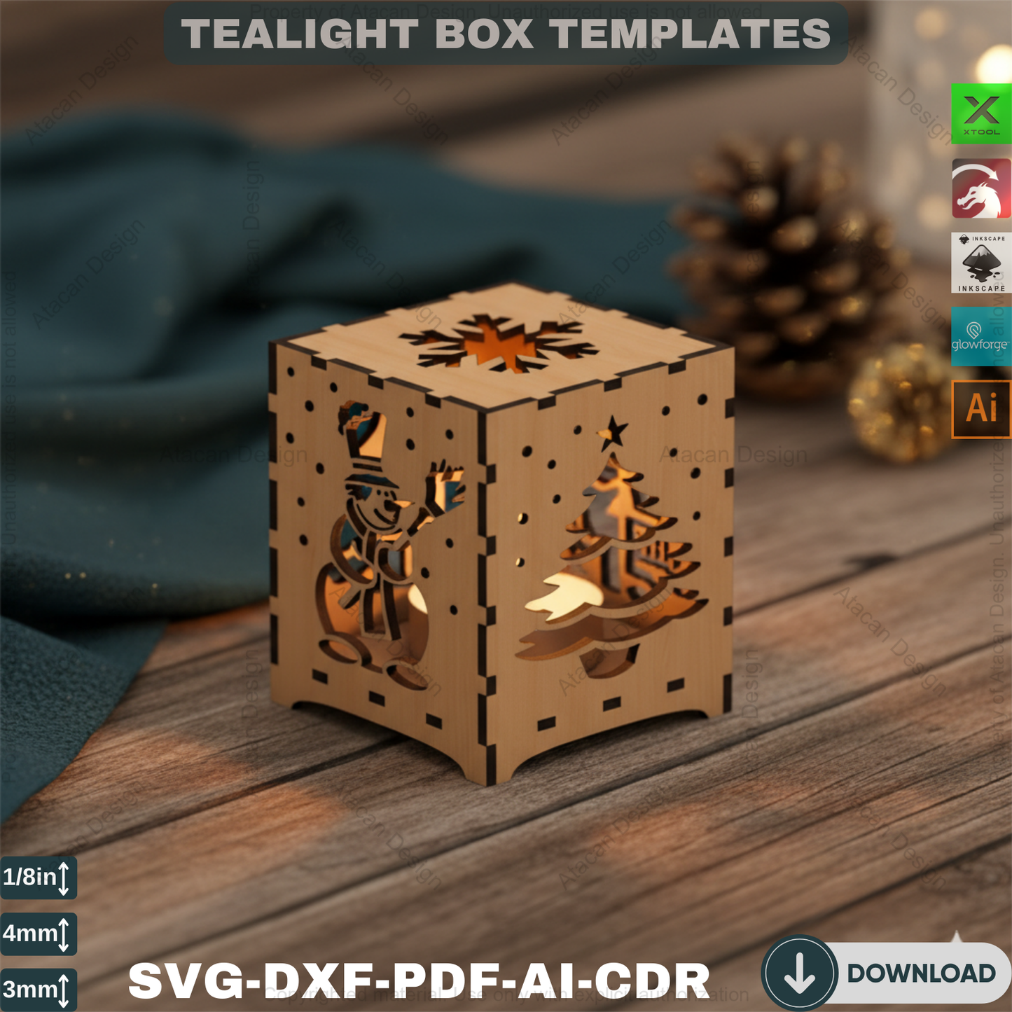 Christmas Engraved Floor Lamps / Plywood Light Design Decor / Box Desk lamp Laser Vector Art 186