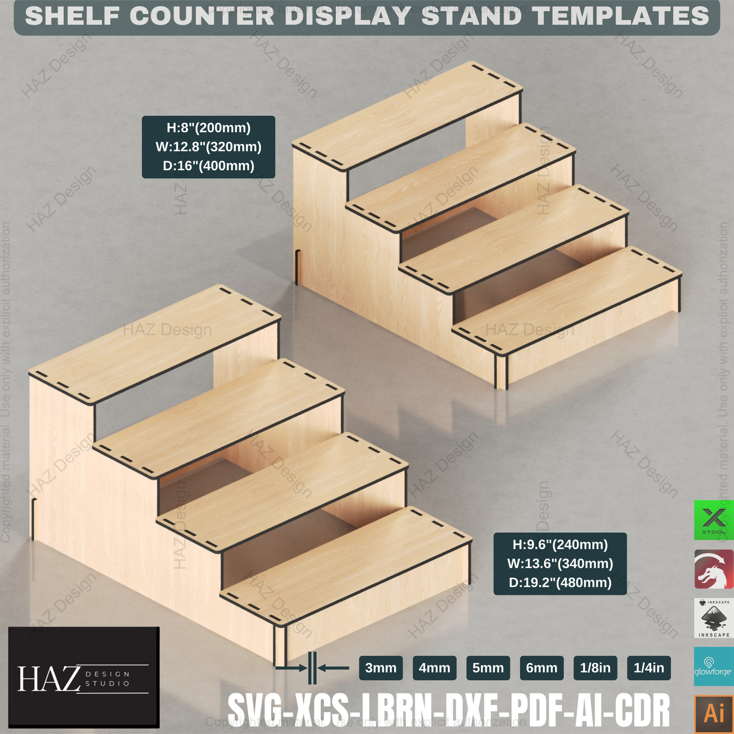 Laser Cut Display Stand: 9 Sizes, Tiered Shelves, Retail Ready 410