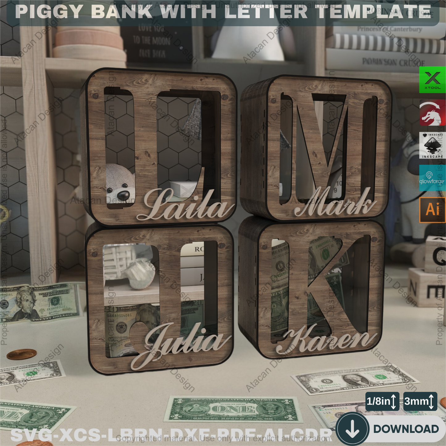 Rustic Letter Piggy Bank - Laser Cut Template - Wooden Coin Bank - Baby Shower - Custom Decor 875