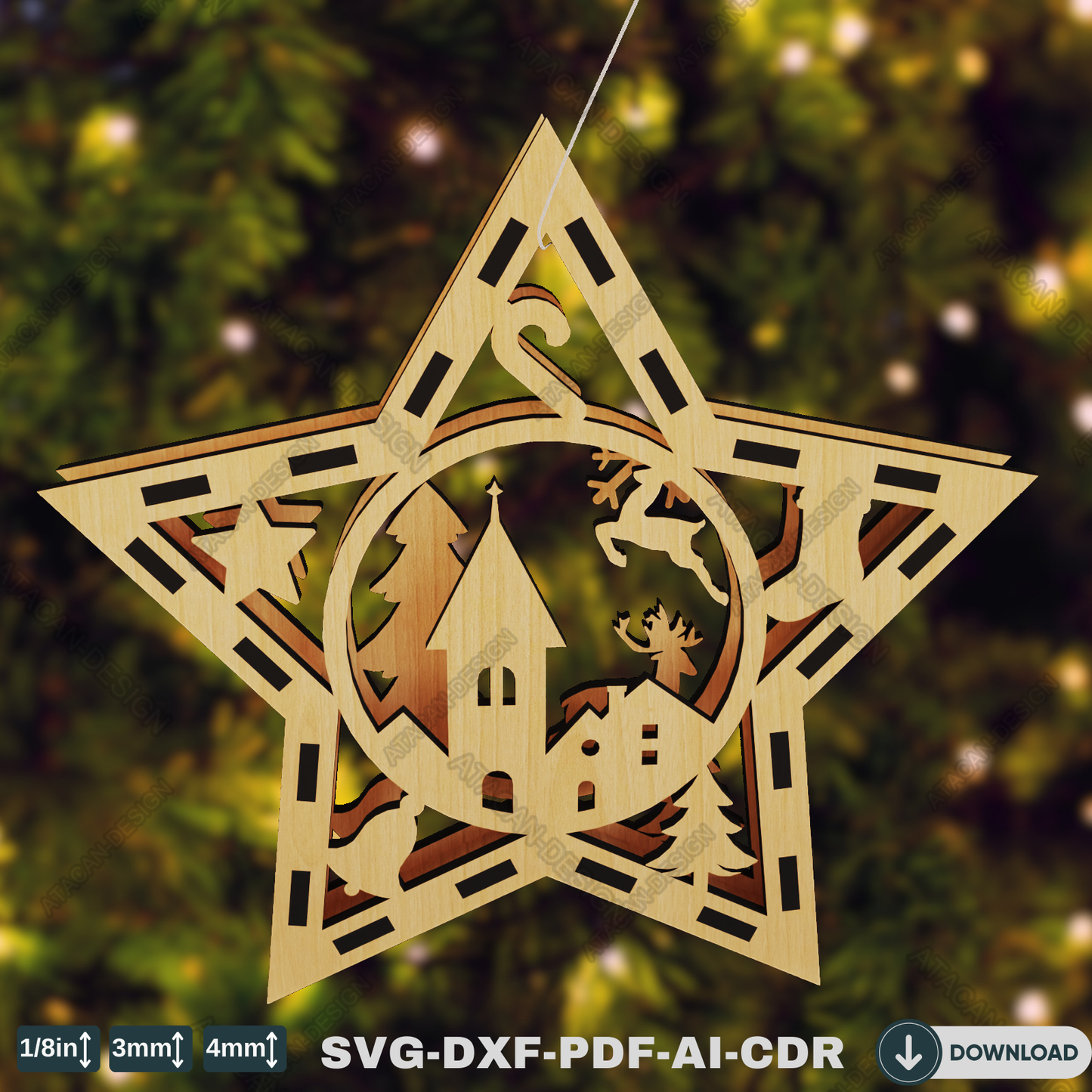 Elegant Wooden Christmas Baubles - Star Design with Snowy Scene, Deer & Winter Wonderland Details 770