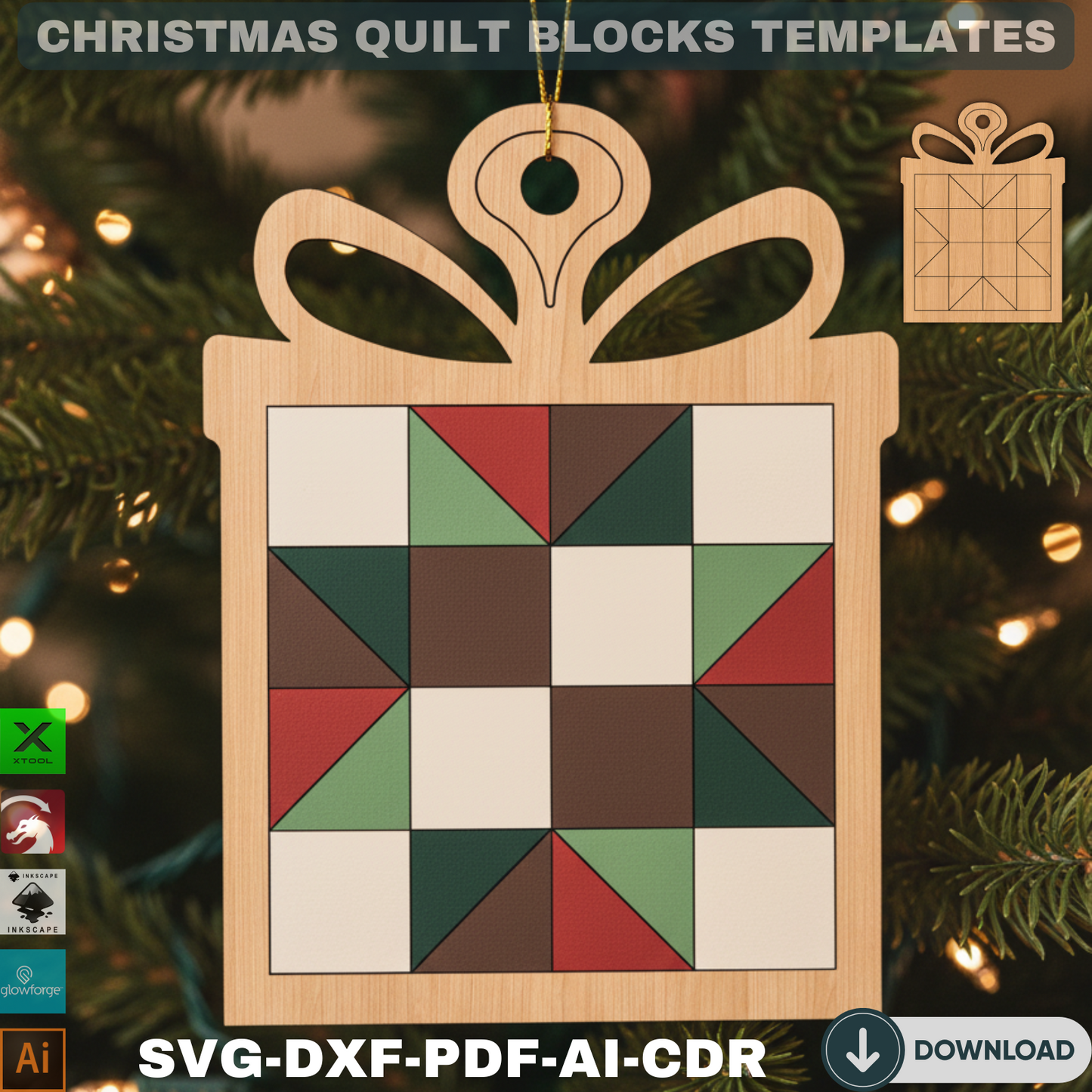 Quilt Pattern Christmas Tree Ornaments – Unique Laser Cut Holiday Decor 731