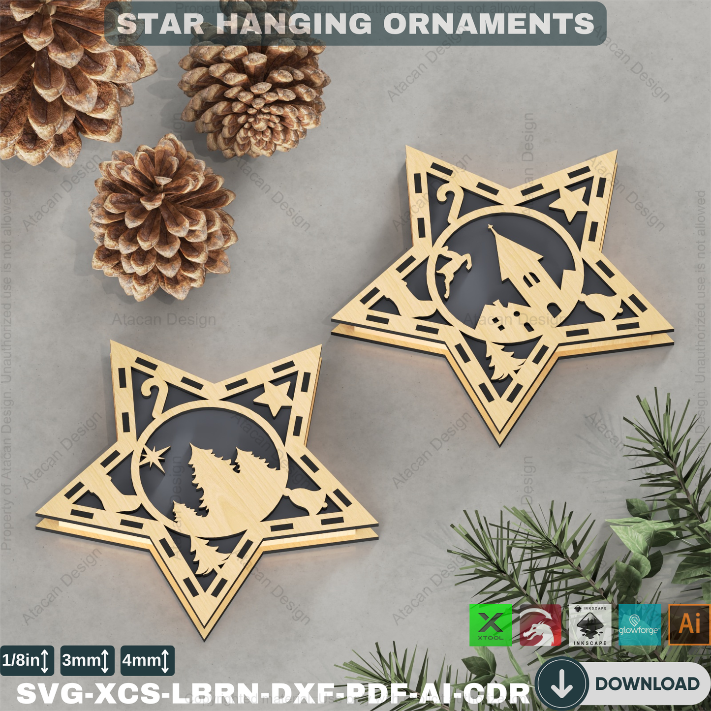 DIY Xmas Tree Stars: Laser Cut Designs for Holiday Decor, Set of 10,Holiday Star Ornament Bundle: Laser Cut Files, Festive Home Decor 876