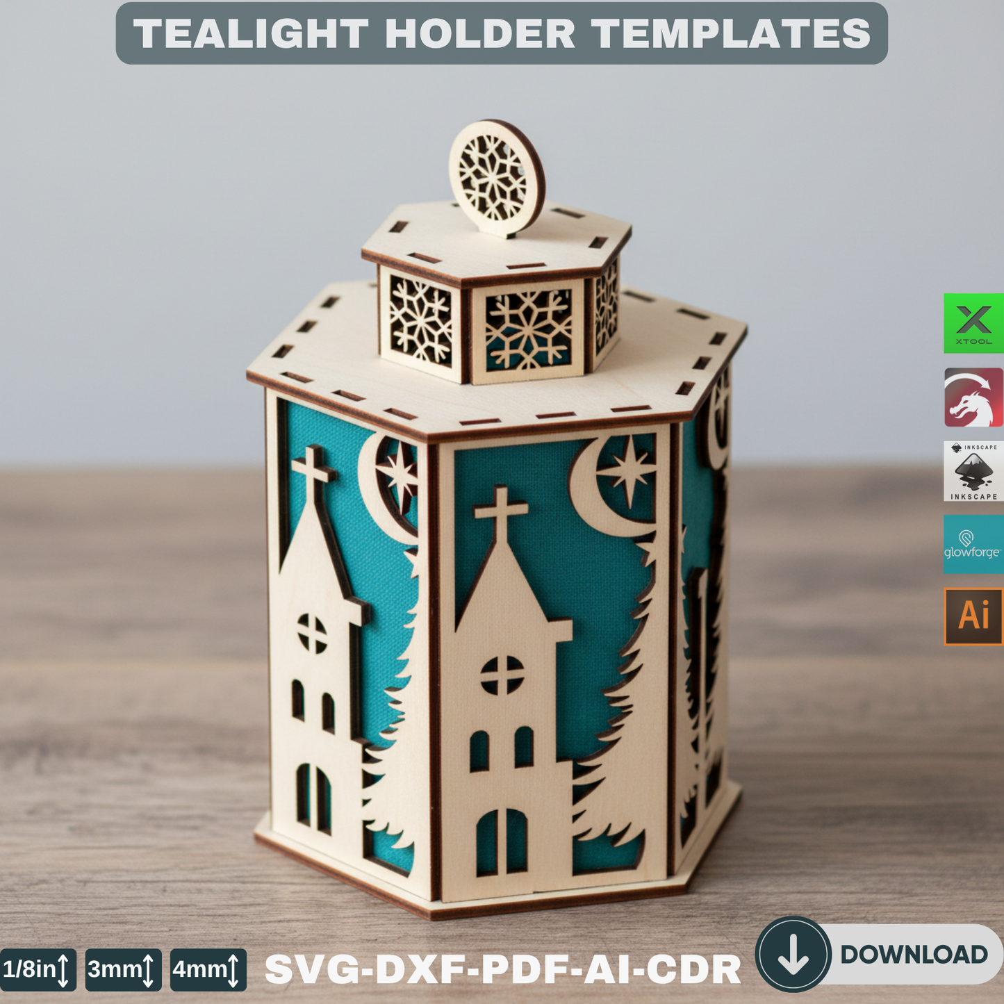 Laser Cut Christmas Lanterns โ Wooden Tealight Holders -DIY Tabletop Lights - Set of Night Lights Decor - Holiday Winter Village Scene 903