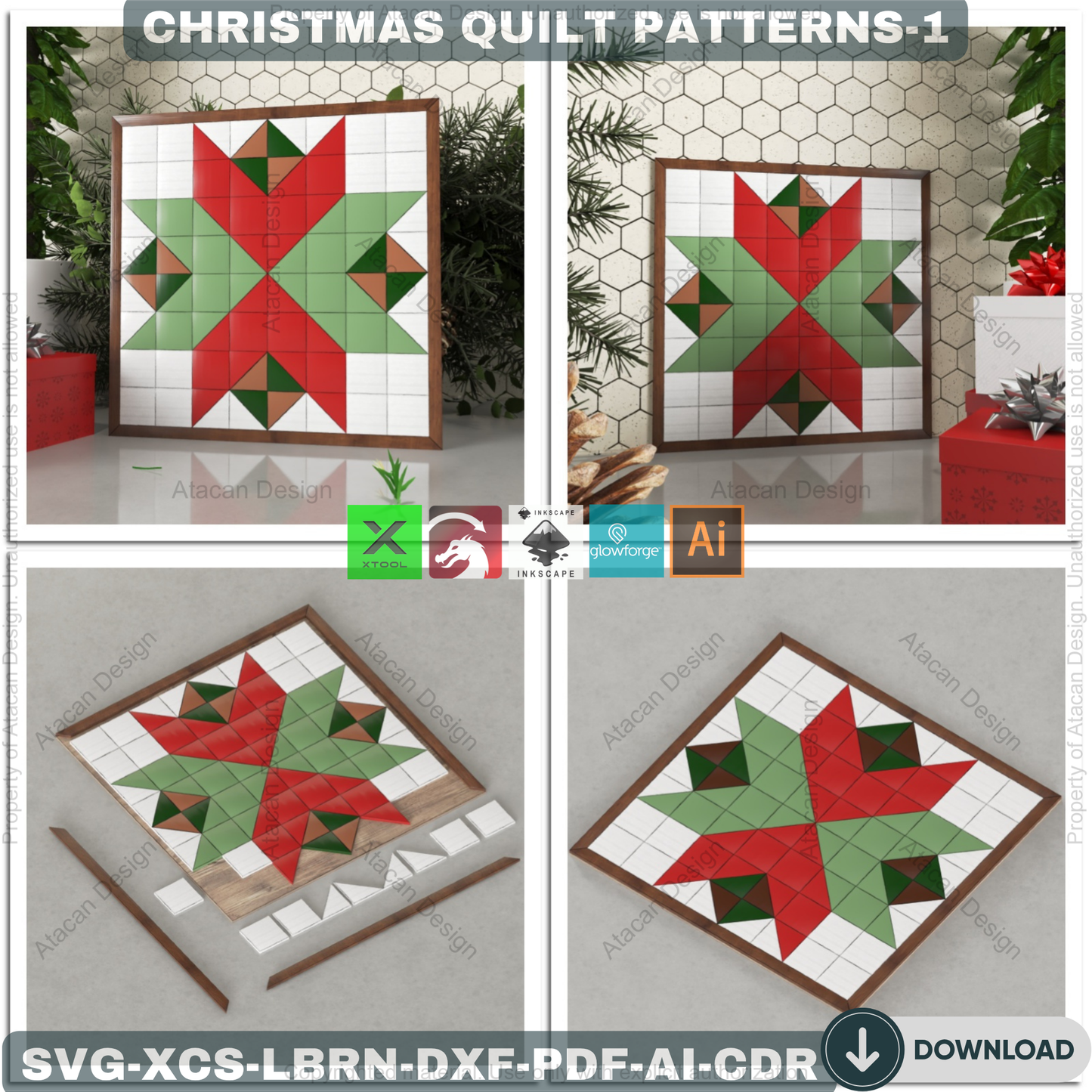 DIY Christmas Wall Art SVG, Festive Barn Quilt Pattern Collection, Laser Cut Files for Farmhouse Holiday Decor & Signs