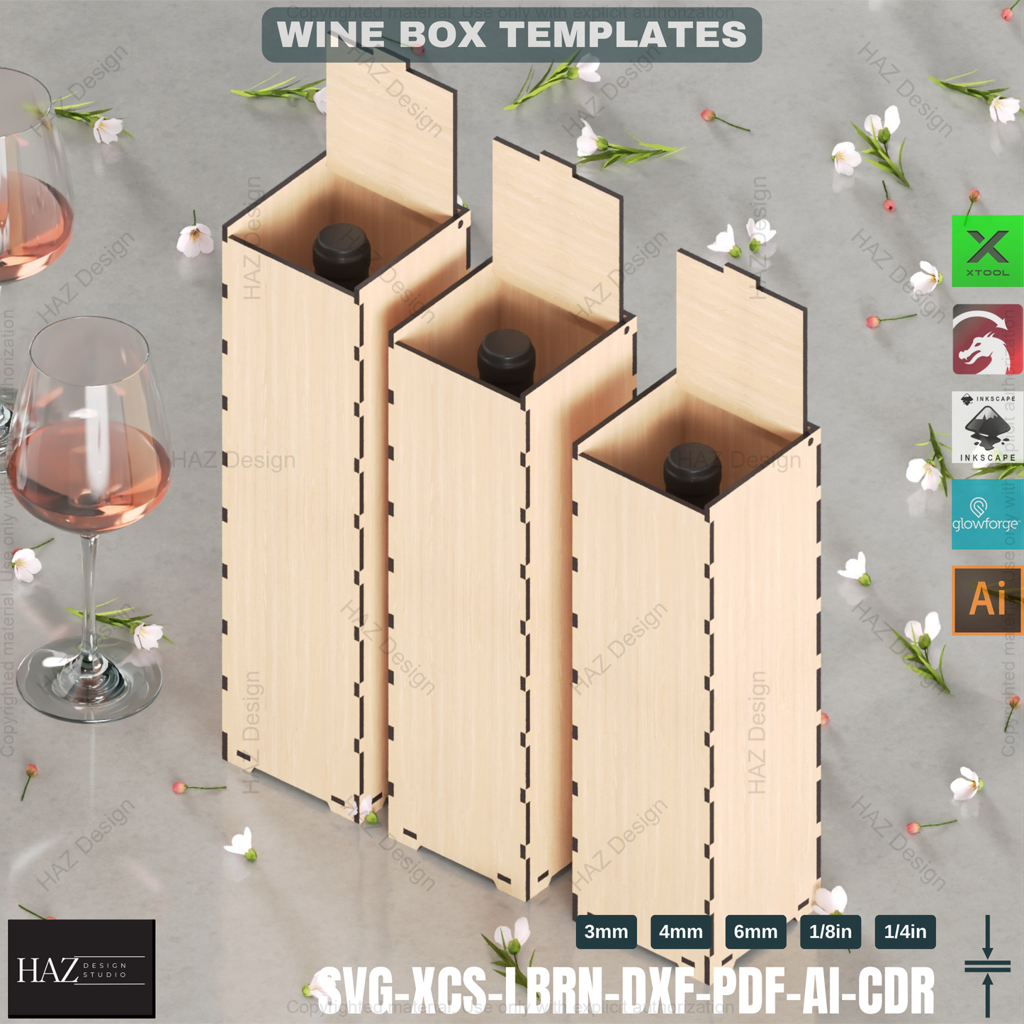 Laser Cut Wine Gift Box - 3 Sizes, 7 Designs - SVG Files,Wine Box Template - Laser Cut - 6 Thicknesses - Wood Gift 422