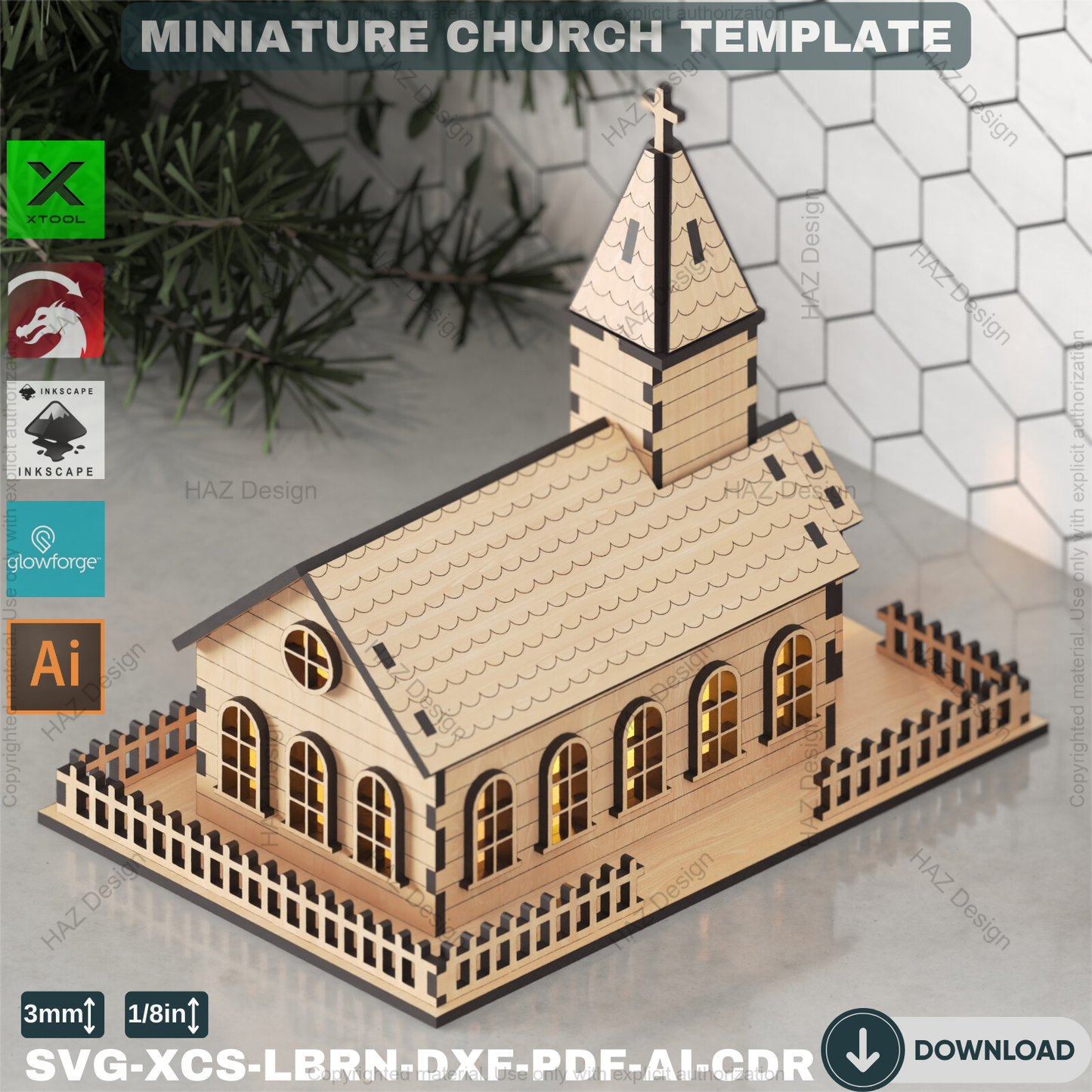 Laser Cut Miniature Church File - Detailed 3D Wooden Model for Decor - Digital Building Plan,Miniature Church Template for Glowforge & xTool 881