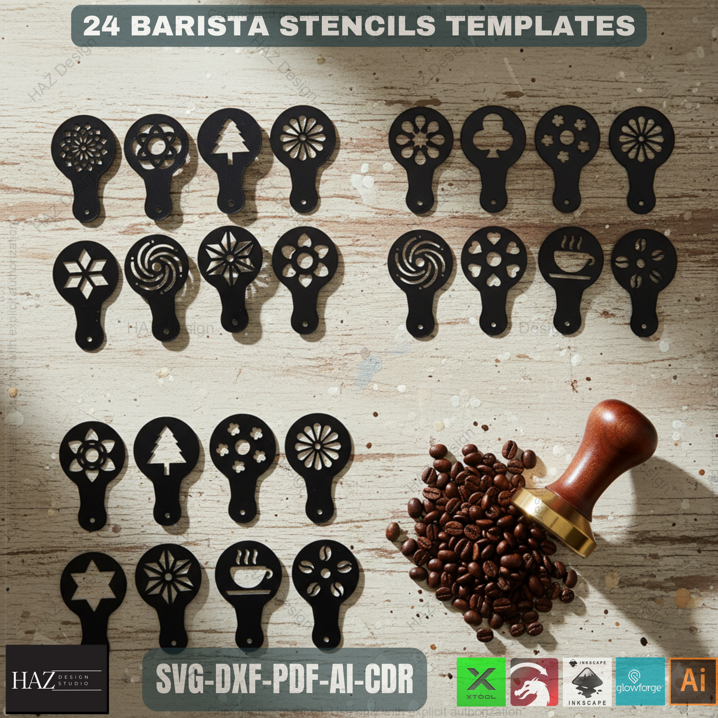 24 Coffee Stencil Set, Barista Latte Art Templates, DIY Kitchen Decor Stencils, Reusable Coffee Decorating Tools 478