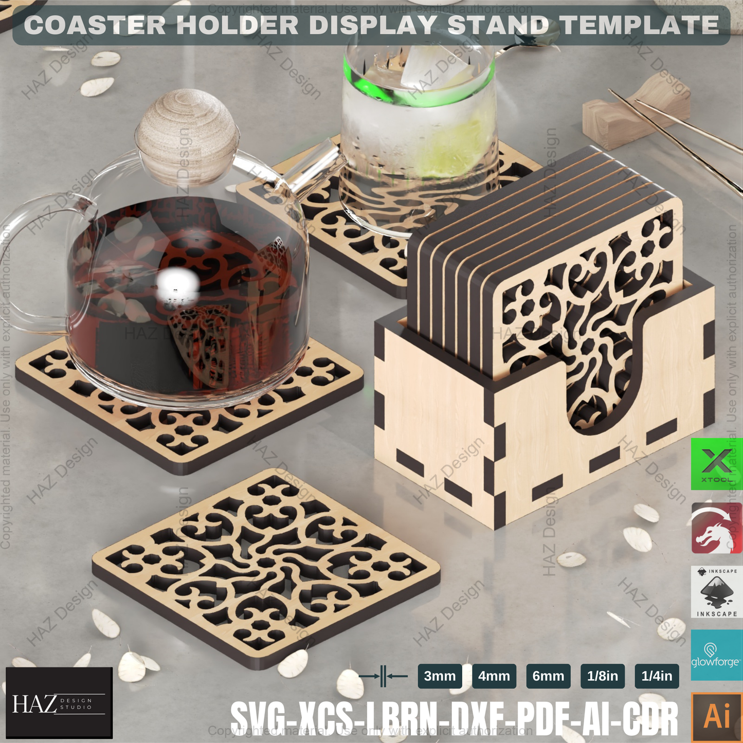 Laser Cut Coaster Holder Design: Round & Square SVG Set,Glowforge Coaster Holder Template: Modern Tabletop Decor432