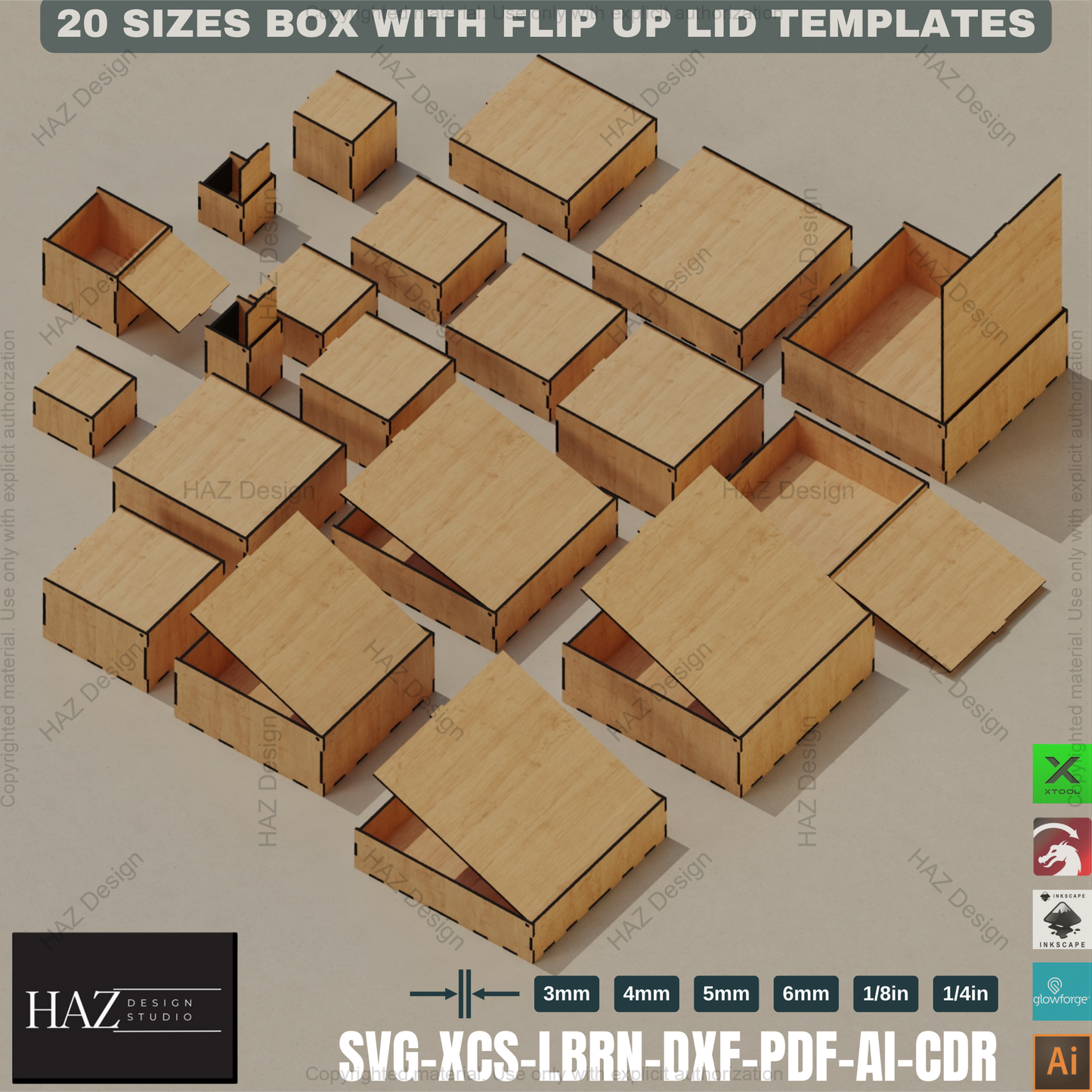 Laser Cut Flip Lid Box: 20 Sizes, 6 Thicknesses!,Laser Cut Box Set: Multiple Sizes, Flip Lid Design 414