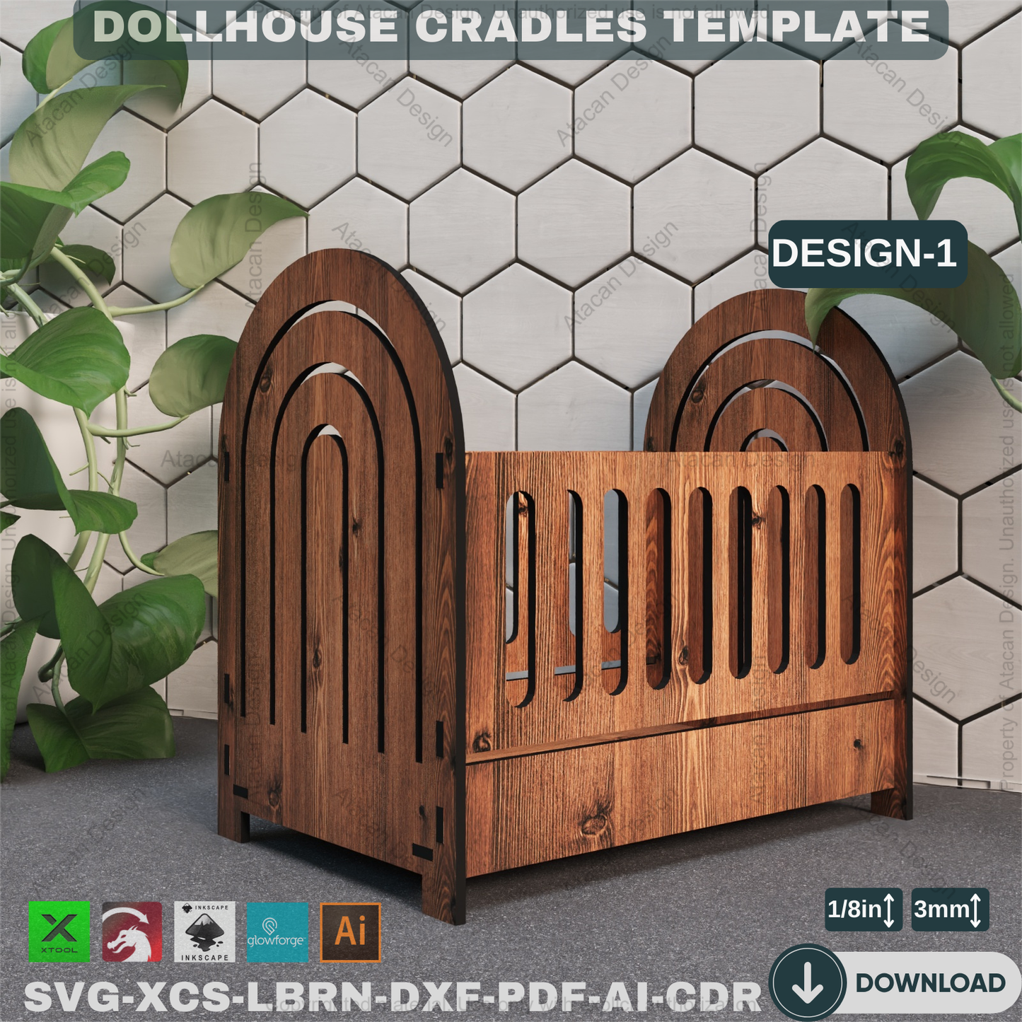 Laser Cut Doll Crib - Dollhouse Furniture Vector Files, 3 Designs,Miniature Crib Plan - Dollhouse Cradle, Laser Cut Furniture Design 865