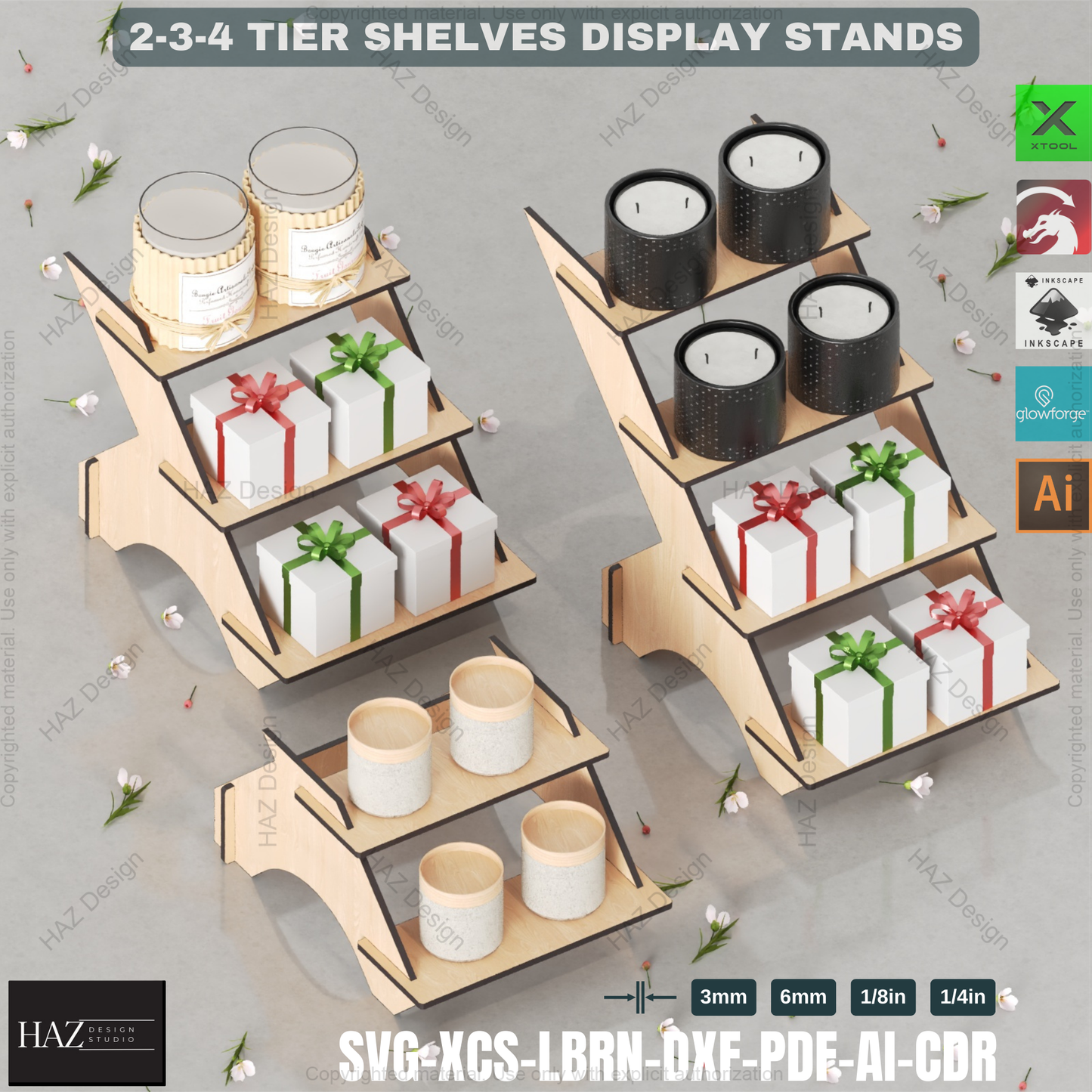 Laser Cut Tiered Display Stand Set | 2, 3 & 4 Shelf Options | Craft Fair & Retail Riser Files 438