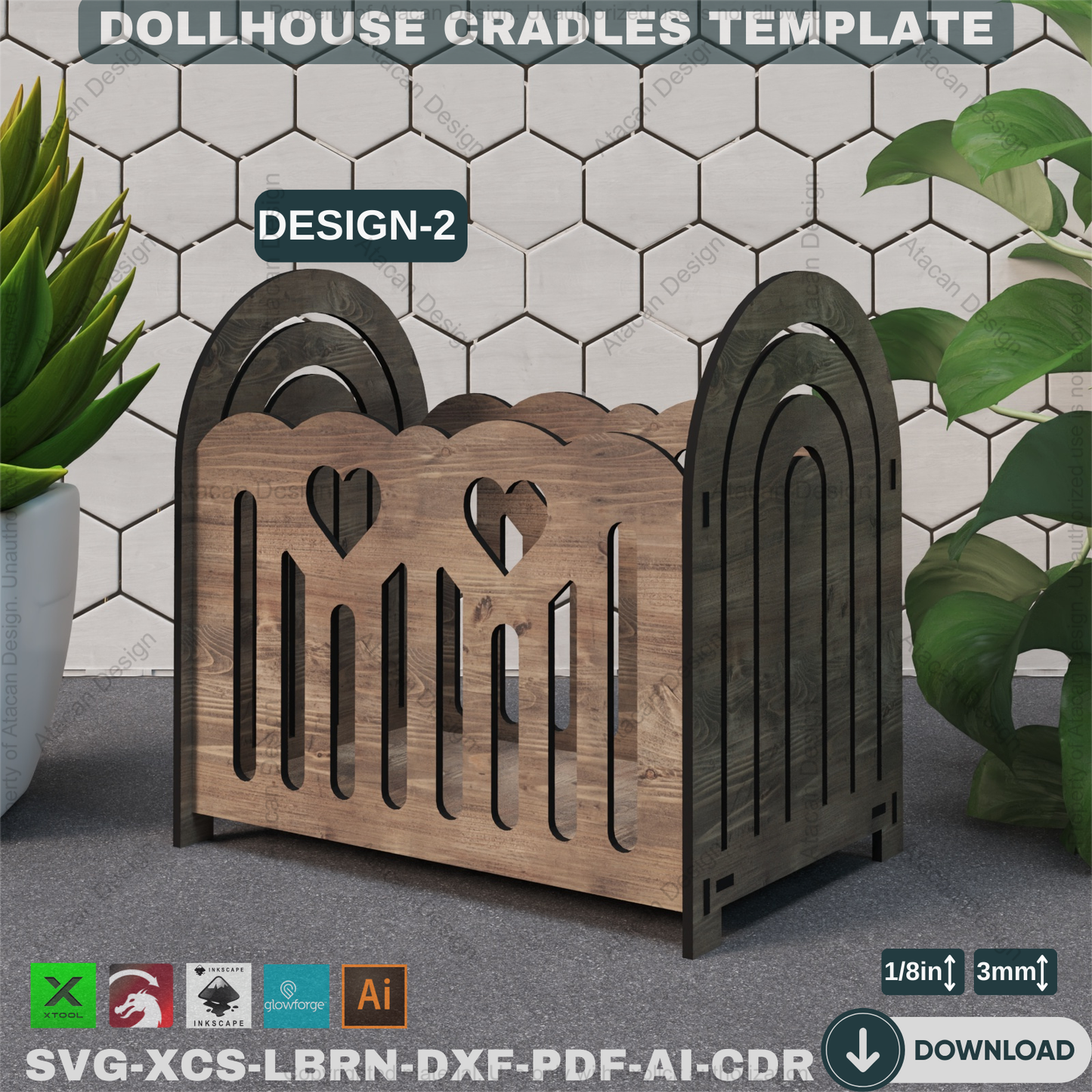 Laser Cut Doll Crib - Dollhouse Furniture Vector Files, 3 Designs,Miniature Crib Plan - Dollhouse Cradle, Laser Cut Furniture Design 865