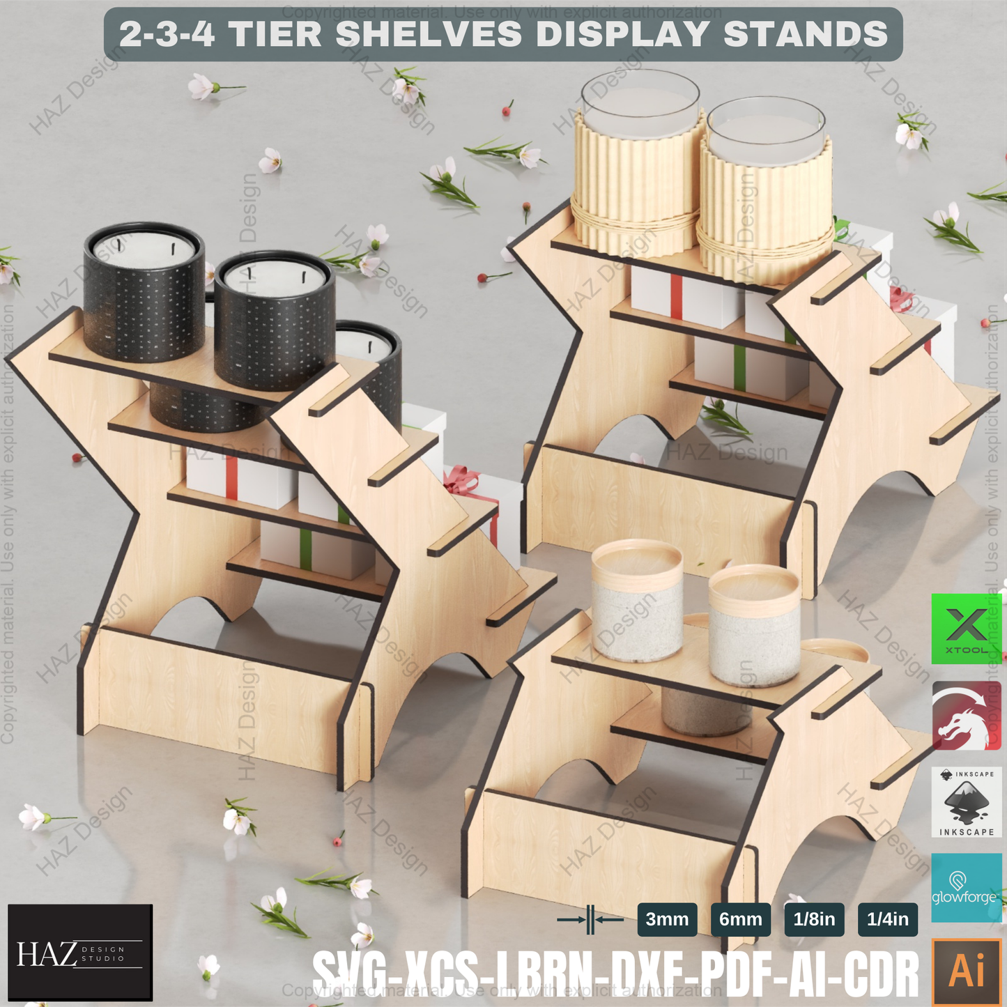 Laser Cut Tiered Display Stand Set | 2, 3 & 4 Shelf Options | Craft Fair & Retail Riser Files 438