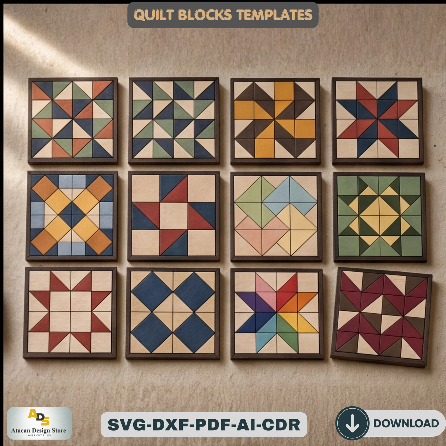 Barn Quilt Block Pattern Wall Art Template Geometric Wood Sign Farmhouse Decor Arrow Frame