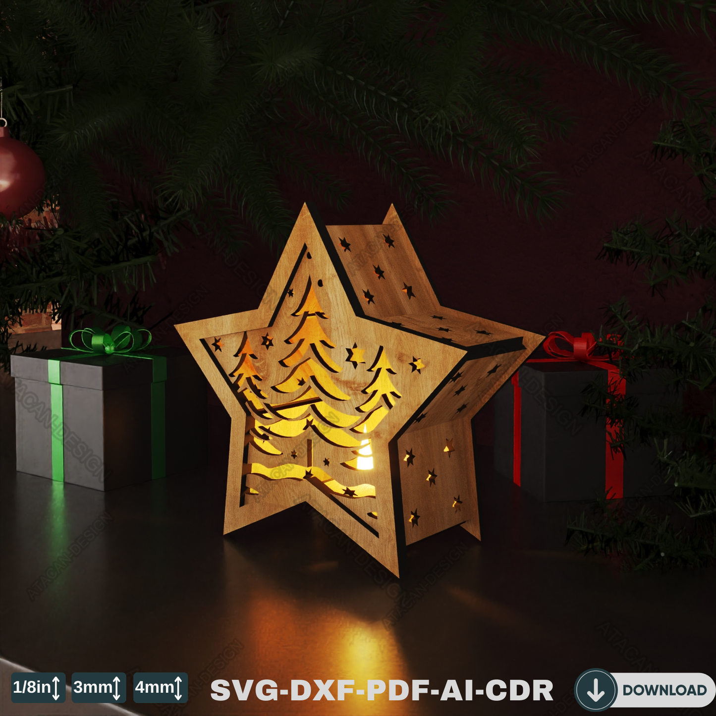 Star Laser Cut Christmas Lantern - Reindeer and Tree Winter Night Light Candle Holder 775