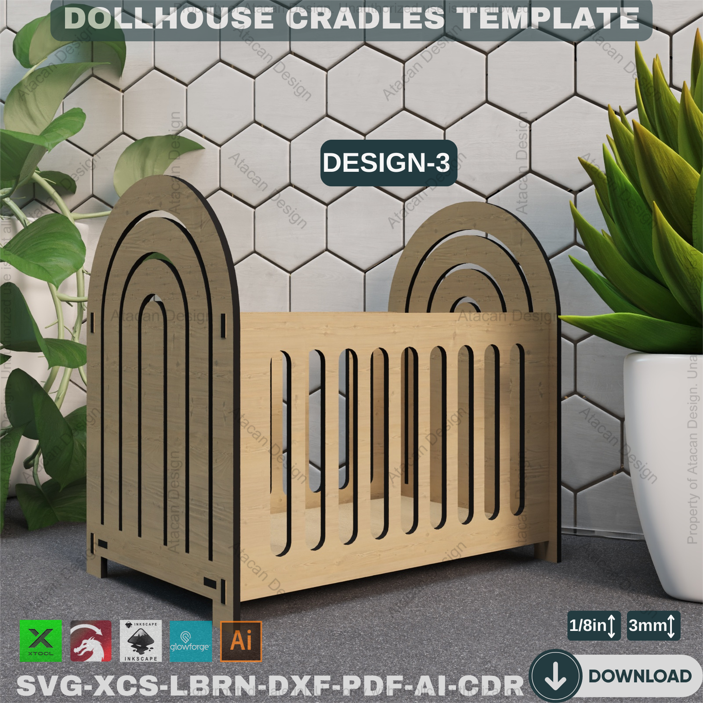Laser Cut Doll Crib - Dollhouse Furniture Vector Files, 3 Designs,Miniature Crib Plan - Dollhouse Cradle, Laser Cut Furniture Design 865