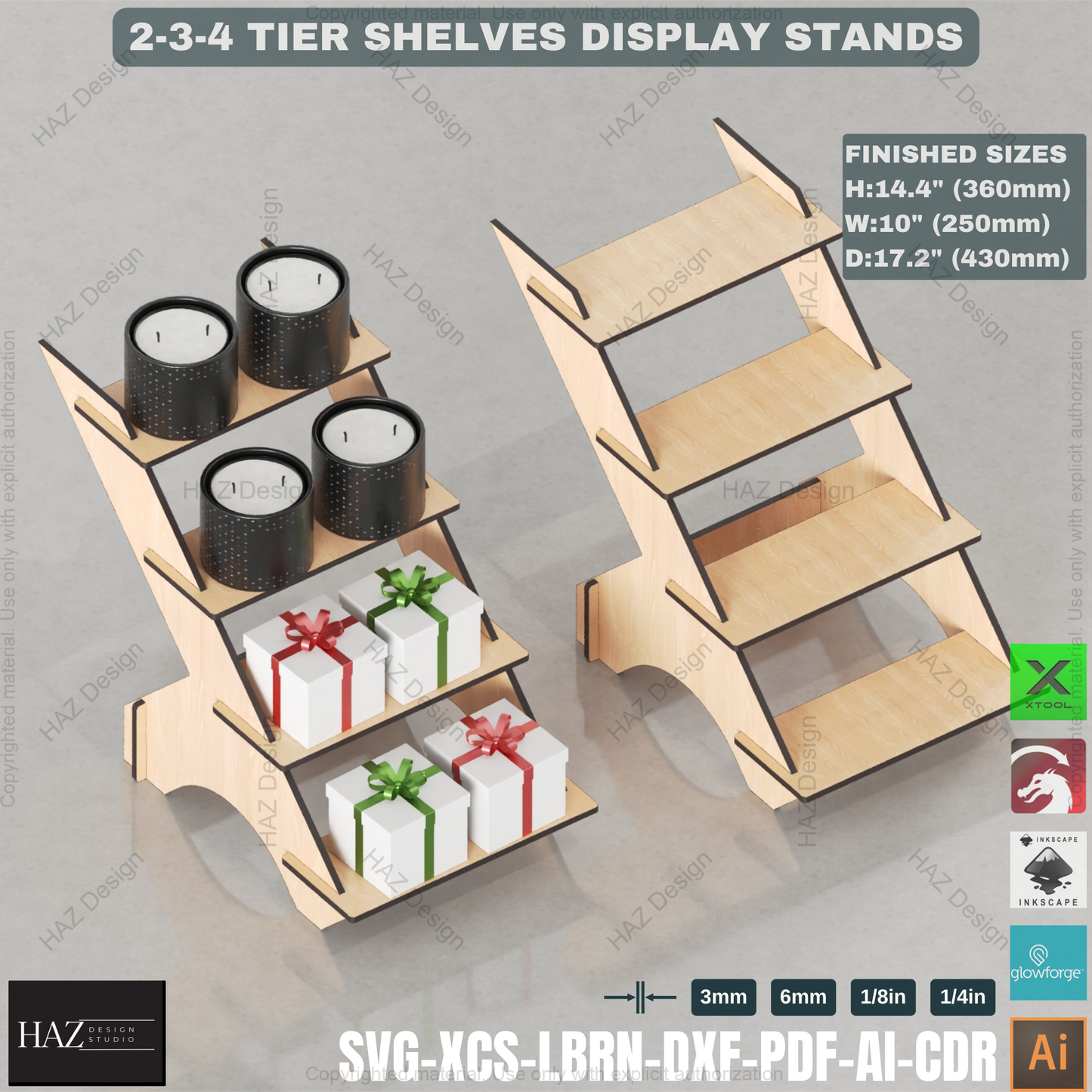 Laser Cut Tiered Display Stand Set | 2, 3 & 4 Shelf Options | Craft Fair & Retail Riser Files 438