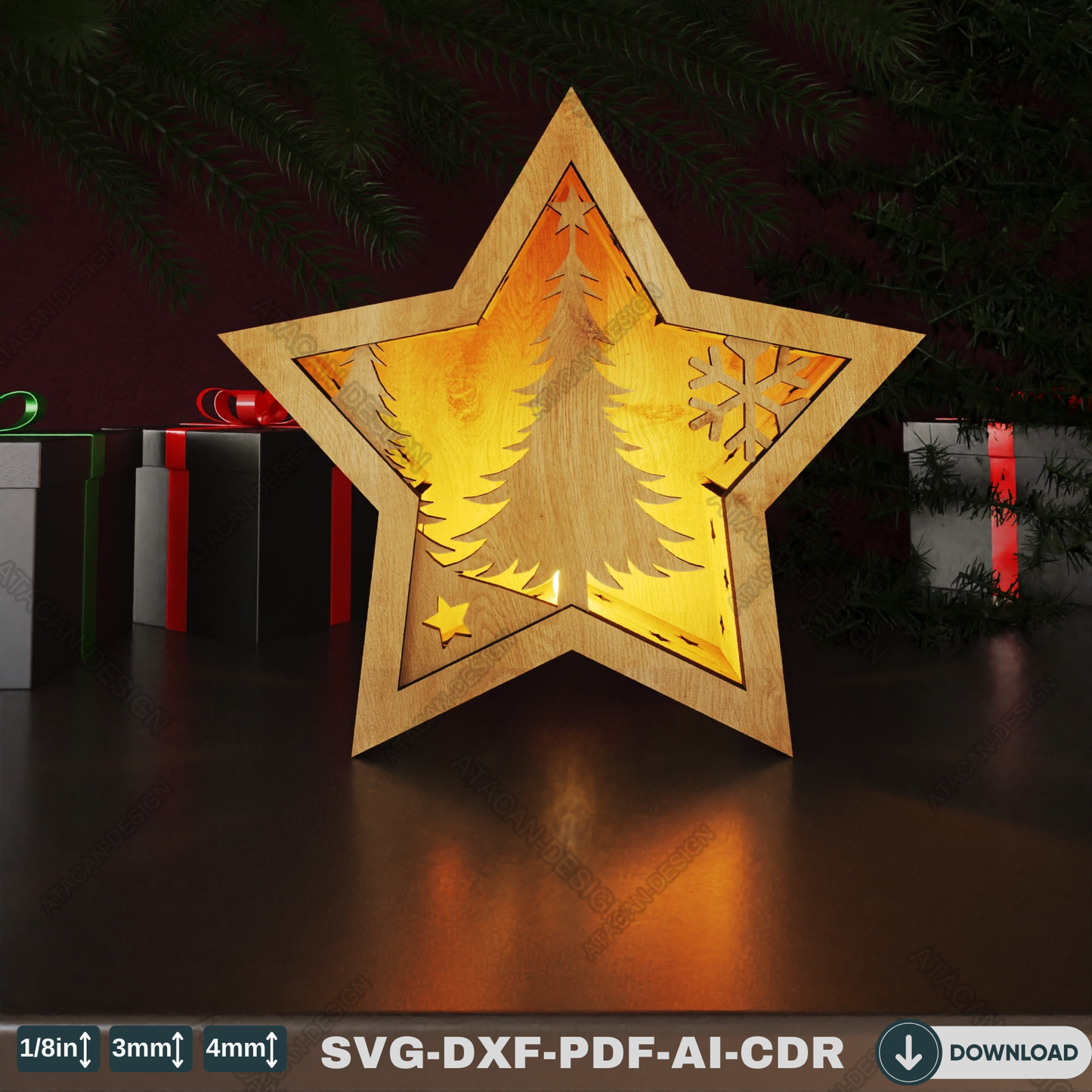 Star Laser Cut Christmas Lantern - Reindeer and Tree Winter Night Light Candle Holder 775