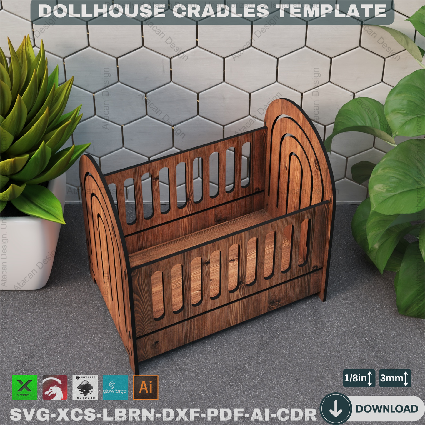 Laser Cut Doll Crib - Dollhouse Furniture Vector Files, 3 Designs,Miniature Crib Plan - Dollhouse Cradle, Laser Cut Furniture Design 865