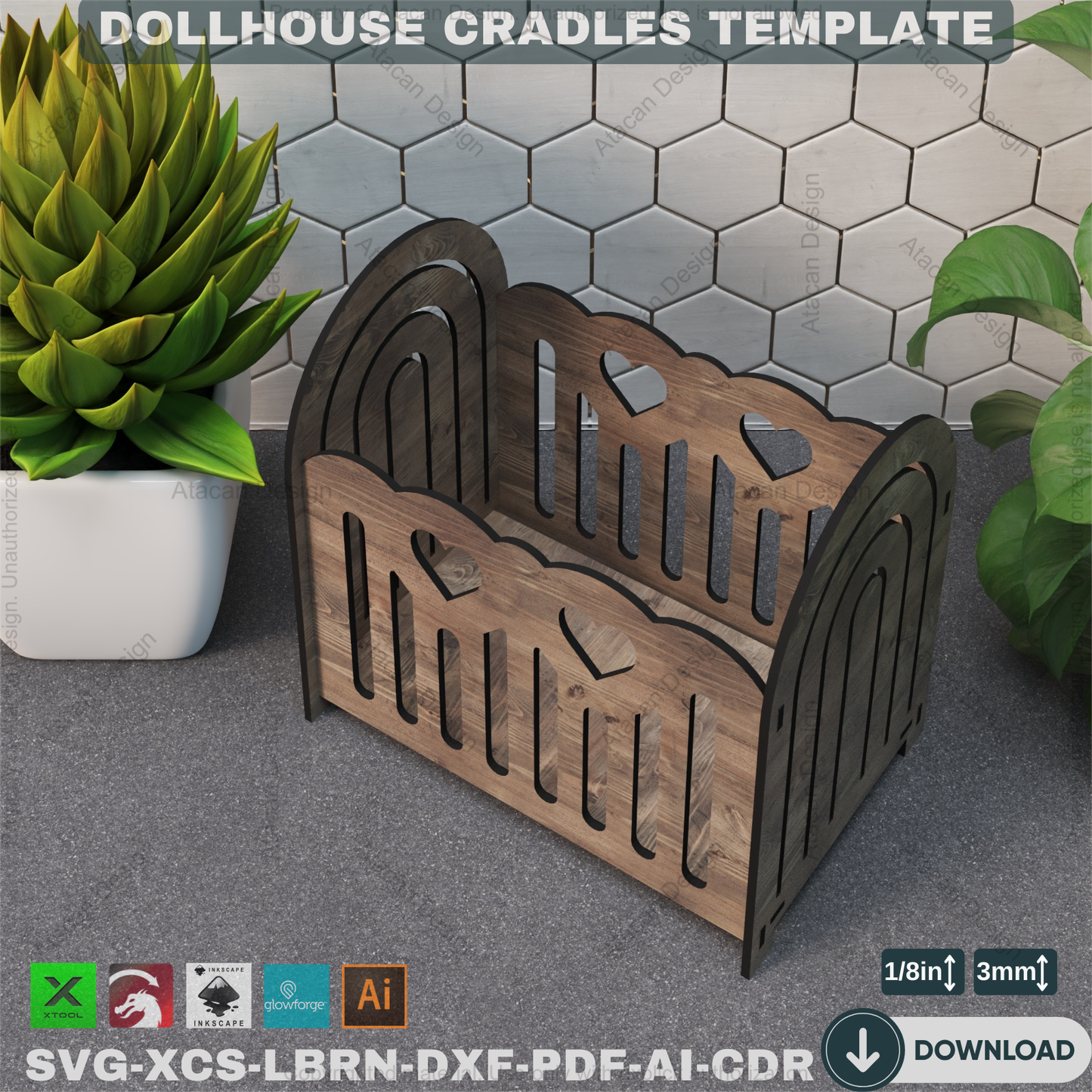 Laser Cut Doll Crib - Dollhouse Furniture Vector Files, 3 Designs,Miniature Crib Plan - Dollhouse Cradle, Laser Cut Furniture Design 865