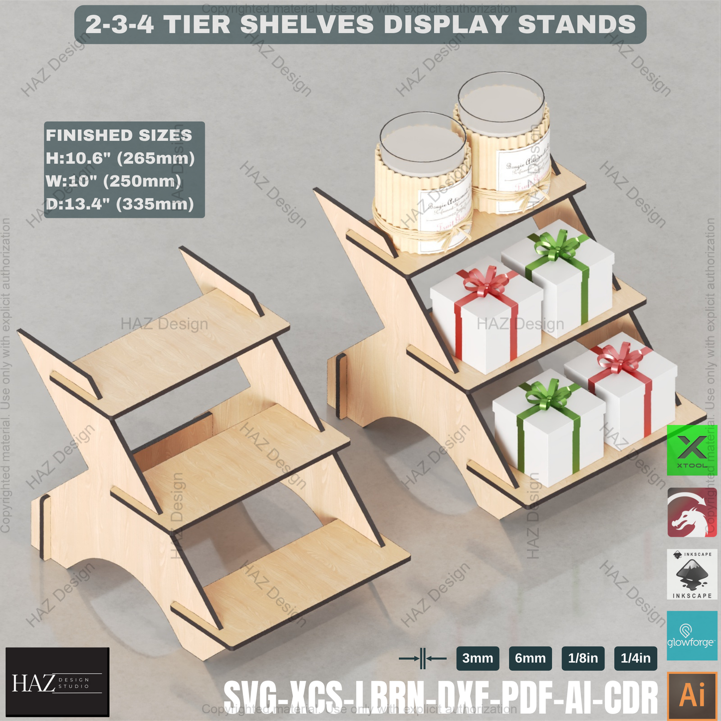 Laser Cut Tiered Display Stand Set | 2, 3 & 4 Shelf Options | Craft Fair & Retail Riser Files 438