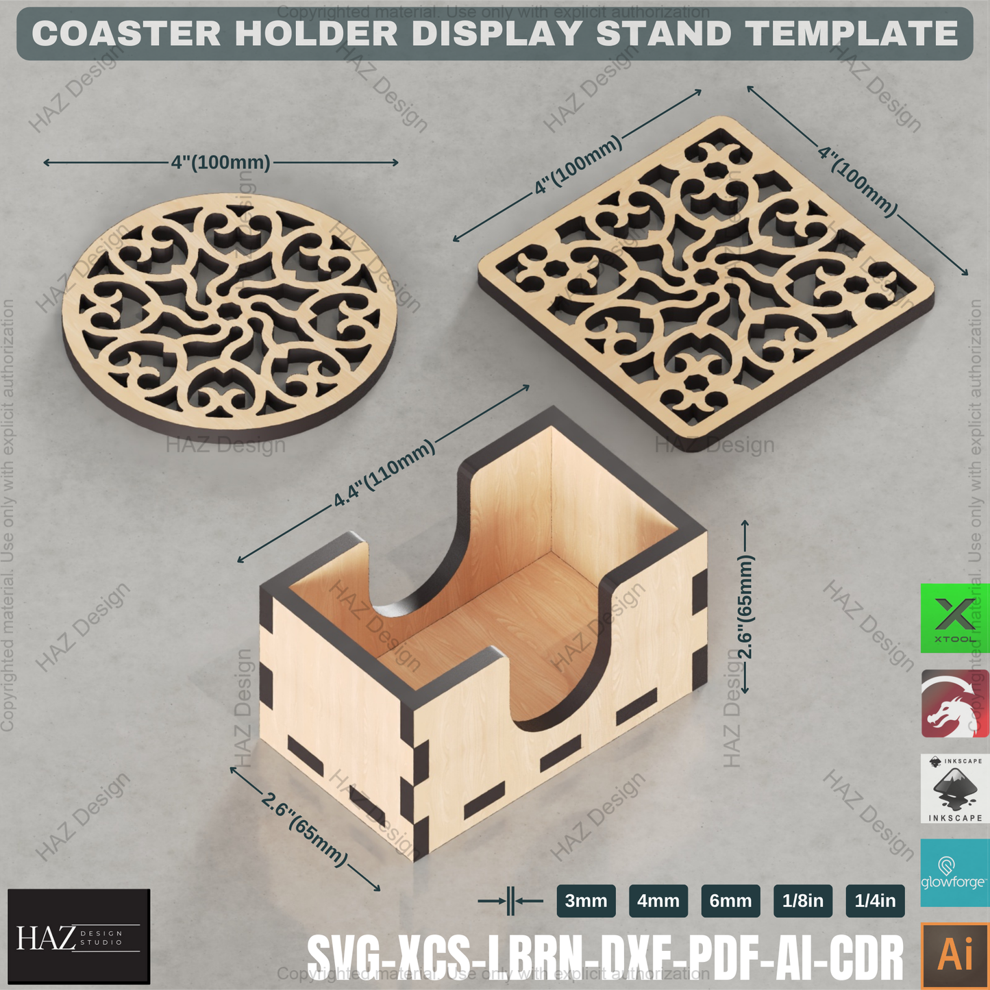 Laser Cut Coaster Holder Design: Round & Square SVG Set,Glowforge Coaster Holder Template: Modern Tabletop Decor432