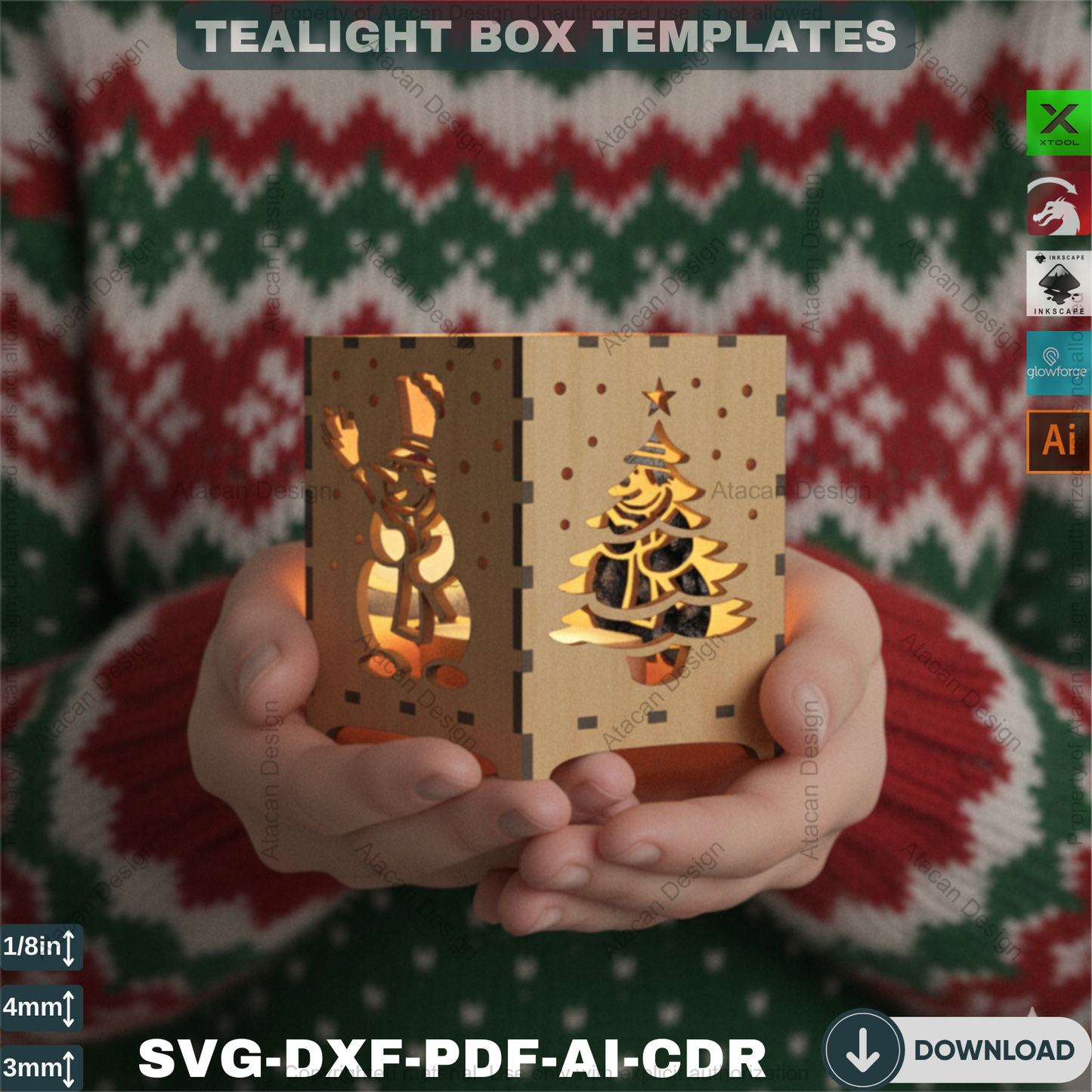 Christmas Engraved Floor Lamps / Plywood Light Design Decor / Box Desk lamp Laser Vector Art 186