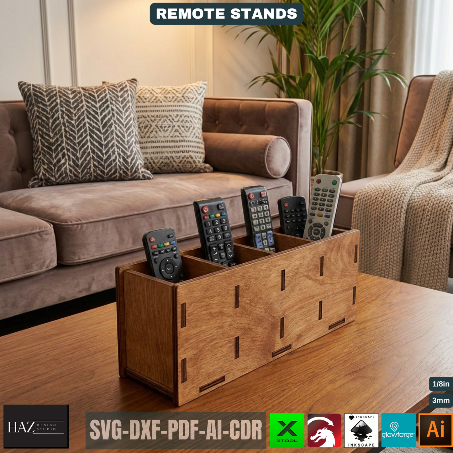 Wooden Remote Control Holder Laser Cut Template, TV Accessory Organizer Pattern, Living Room Desk Storage Plan, Sofa Caddy 520