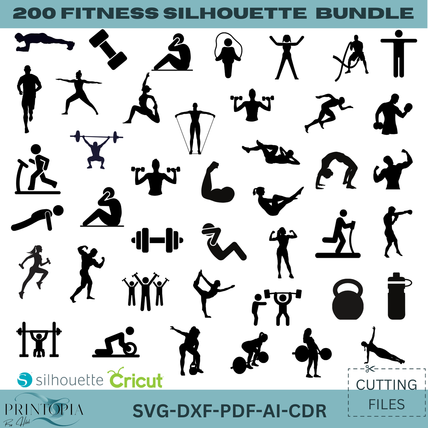 Gym & Workout Silhouette Bundle - 200 Editable svg, DXF, pdf AI, cdr Files for DIY Projects 178