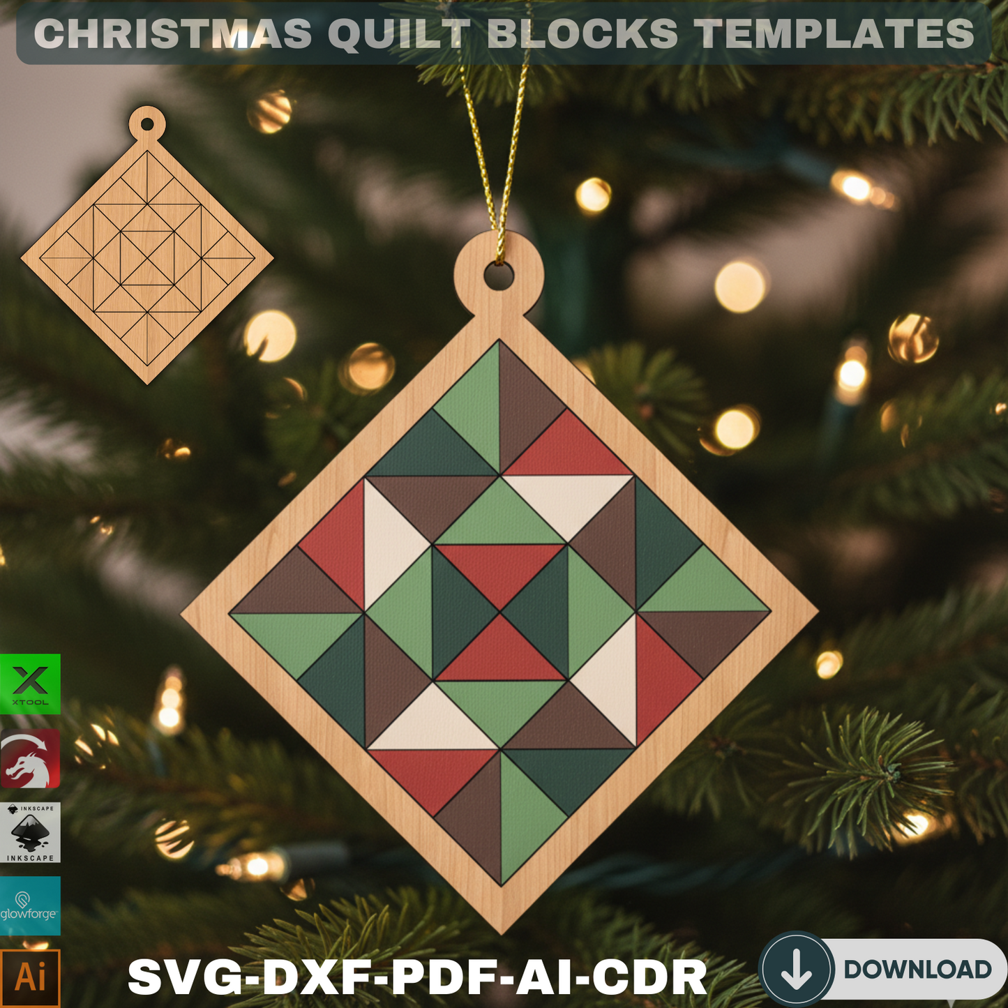 Quilt Pattern Christmas Tree Ornaments – Unique Laser Cut Holiday Decor 731