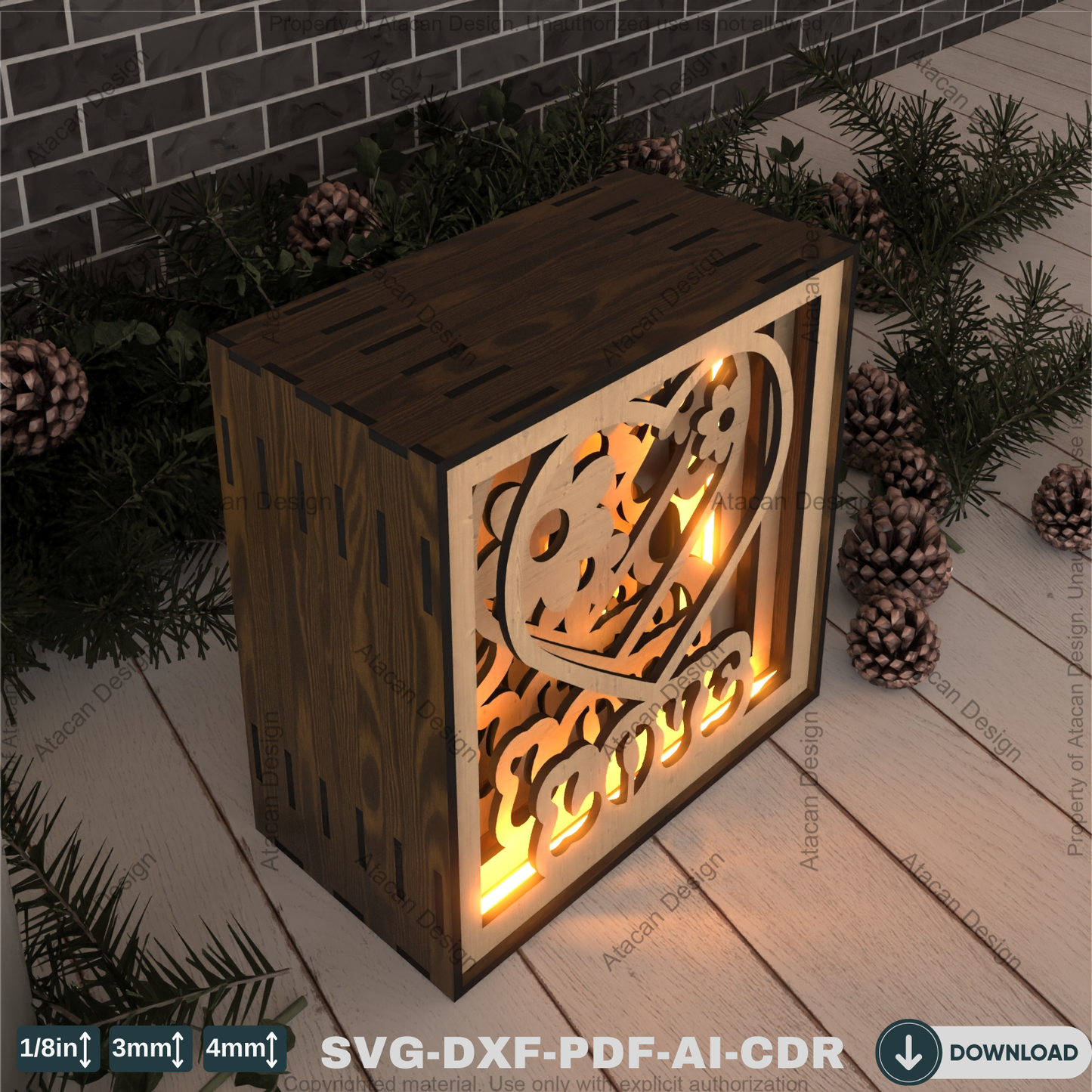 Romantic Heart Floral Shadow Light Box – Layered 3D Laser Cut Design 790