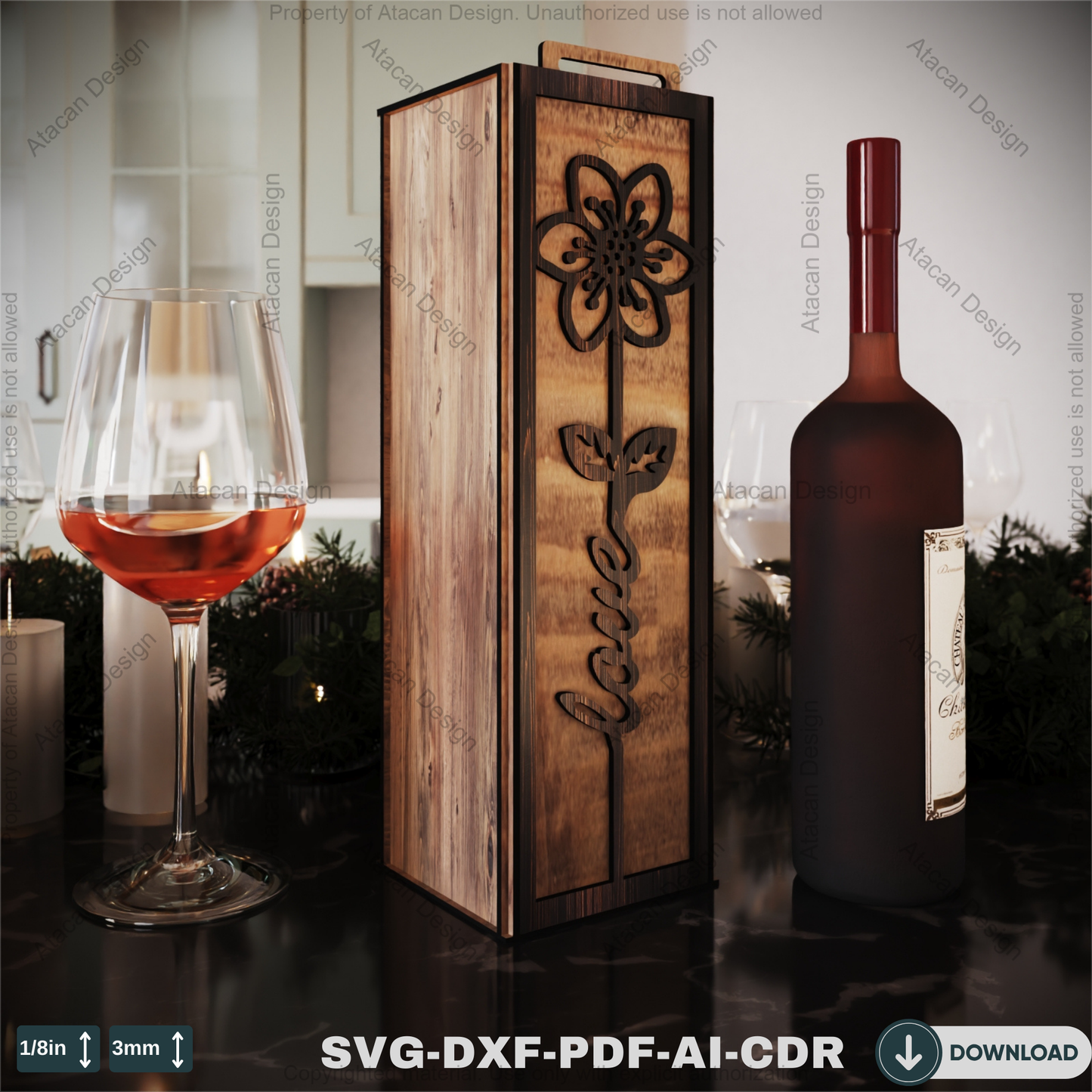 Flower Engraved Wine Box - Perfect Laser Cut Gift for Weddings & Special Occasions-Romantic Wine Gift Box 804